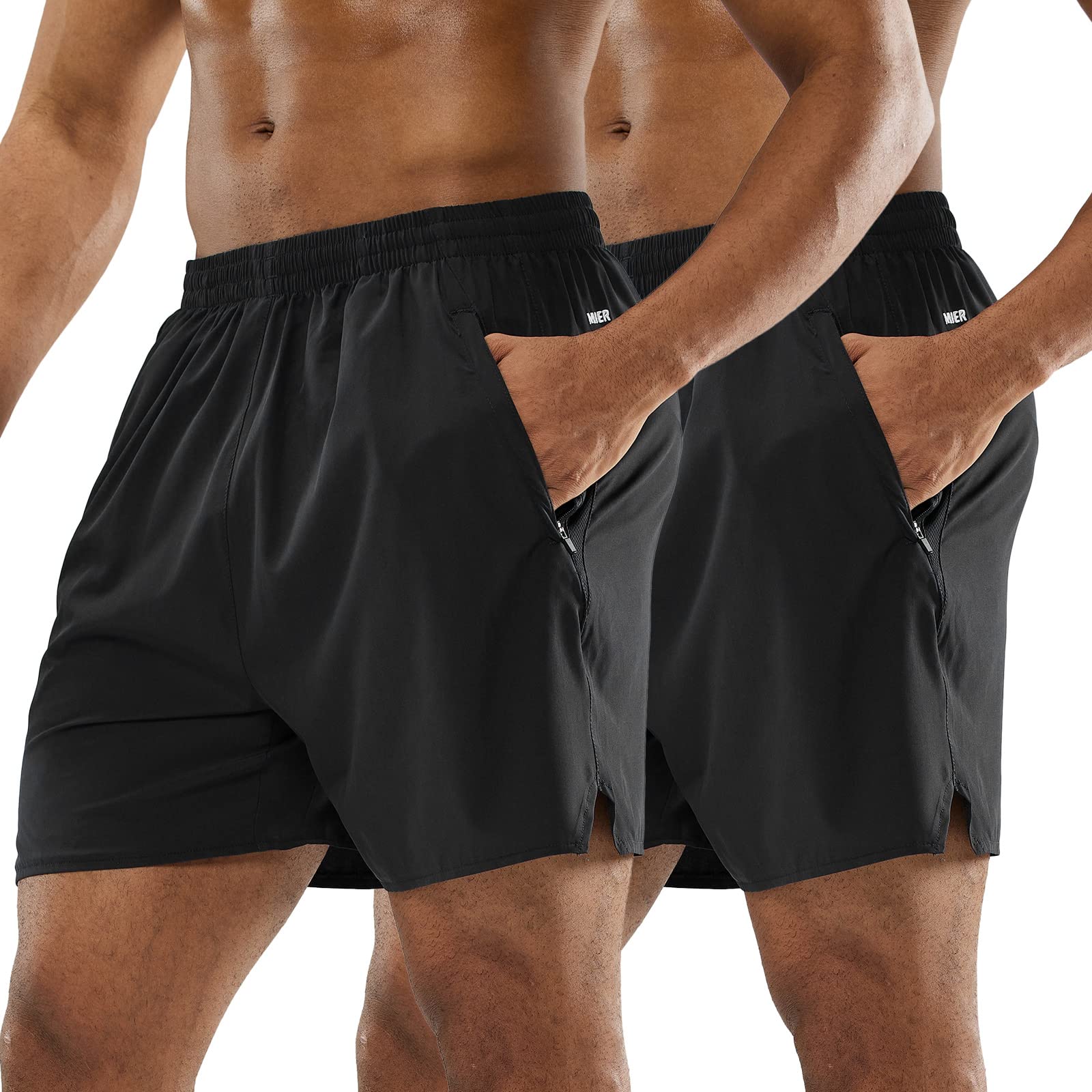 MIER 2 Pack Men's 5 Inch Athletic Running Shorts Lightweight Breathable Workout Gym Shorts with Zipper Pockets, No Liner