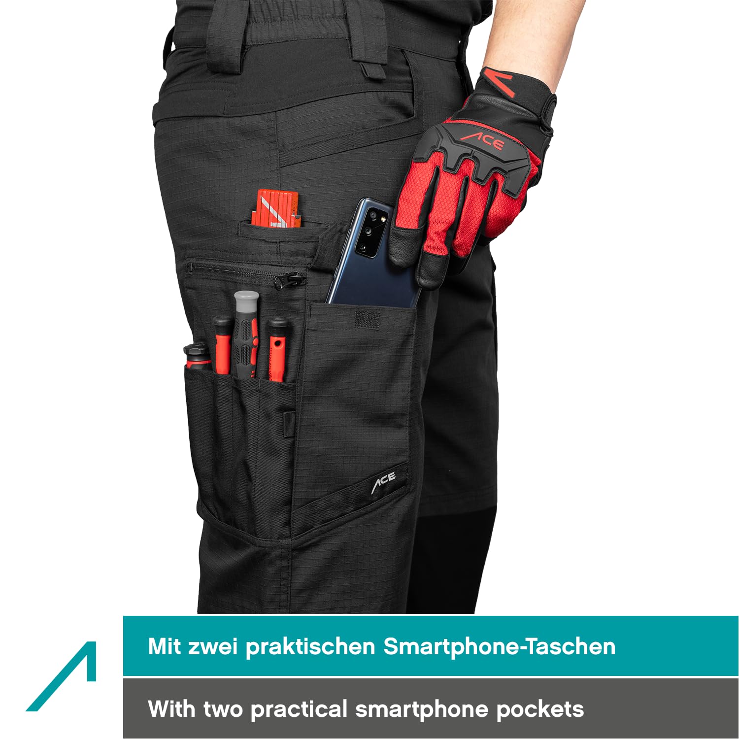 ACE Constructor Pantaloni da Lavoro Lunghi da Uomo - Pantaloni da Lavoro da Uomo con Vita Elasticizzata, Tasche Cargo e Ginocchiere
