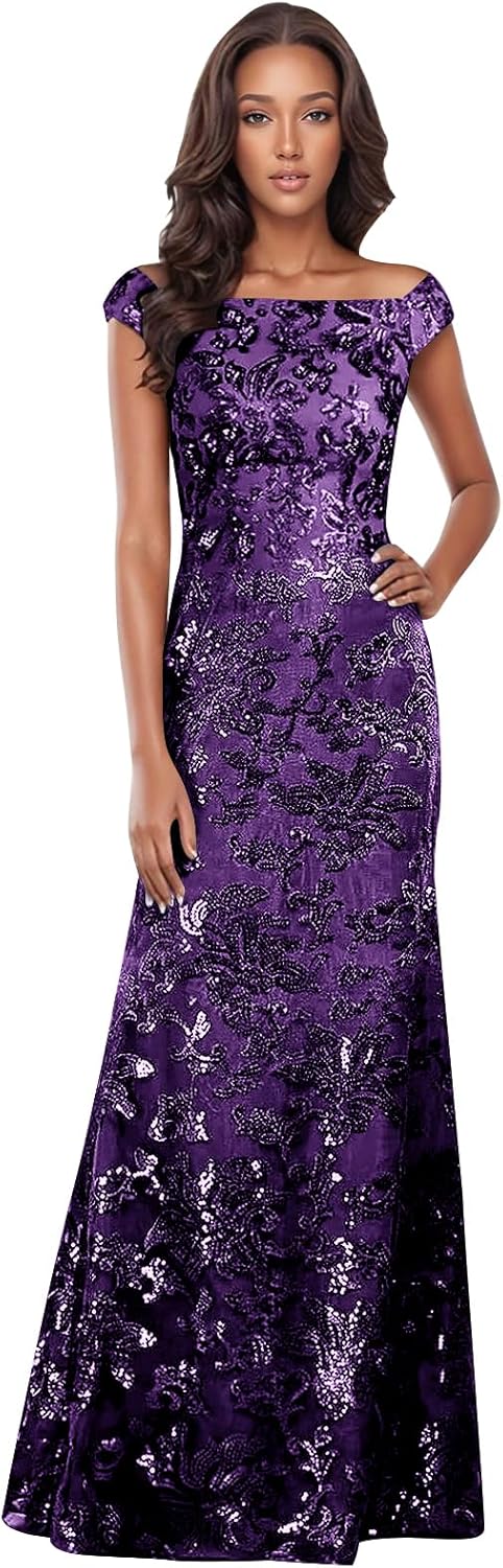 Off Shoulder Sparkly Sequin Mother of The Bride Dresses for Women 2025 Lace Cap Sleeves Formal Wedding Evening Gown Dress