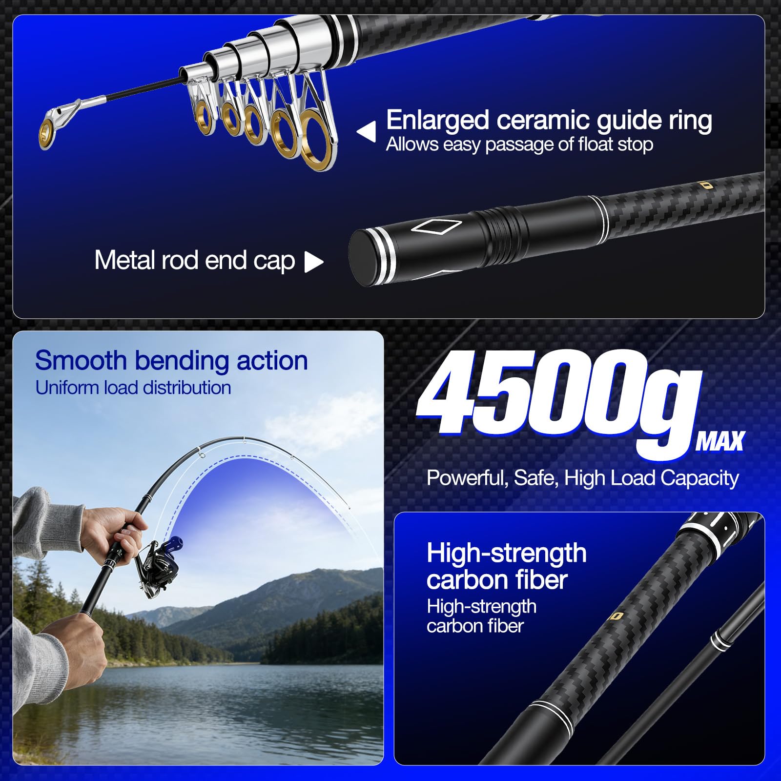 Angelset mit 2 Teleskop-Angelruten, 2.4m Kohlefaser-Angelrute Set Komplett 2 5.2:1 Spinnrolle, Köderbox & Tragetasche, Angelrute Set für Salzwasser Süßwasse Fishing, Reisen–Angelgeschenk