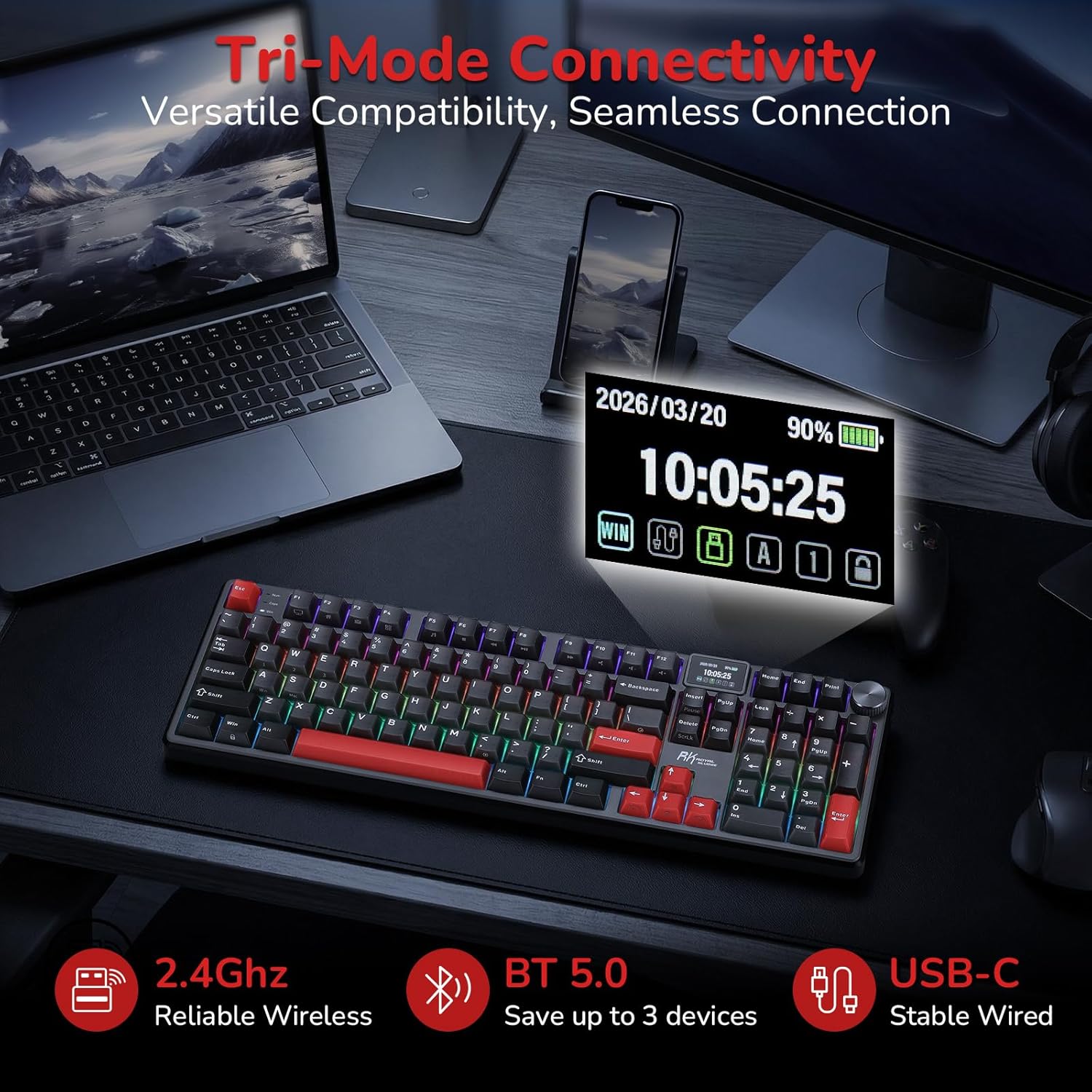 RK ROYAL KLUDGE S104 keyboard displaying icons for 2.4GHz wireless, USB-C wired, and Bluetooth 5.0 connectivity, emphasizing versatile compatibility and seamless connection.