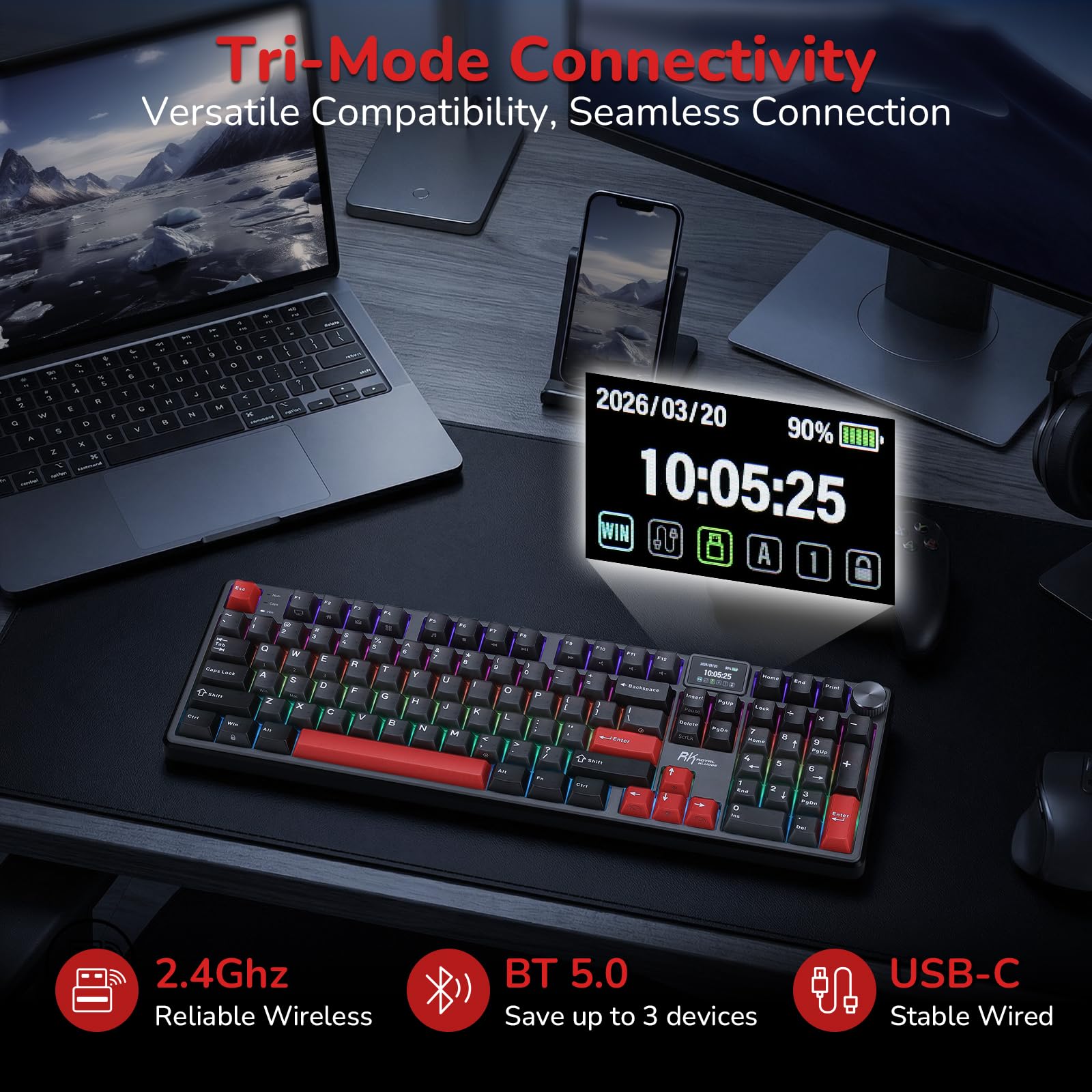 RK ROYAL KLUDGE S104 bezprzewodowa mechaniczna klawiatura gamingowa zwyświetlaczem pokrętłem101klawiszy, pełnowymiarowa RGB órze, BT/2,4GHz/USB-C, akumulator 8000mAh, sterowniki internetowe, hot-swap
