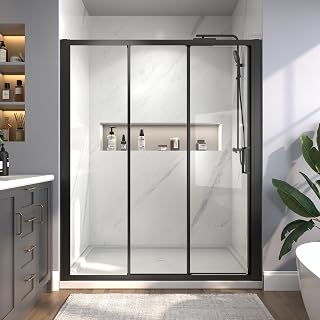 56"-60" W x 70" H Tri-Fold Sliding Shower Door, 1/4" (6mm) Clear SGCC Tempered Glass Shower Door in Matte Black, 32 1/8" Walk-in Width, No-Cut Width Adjustment, Reversible Installation, Easy-Clean