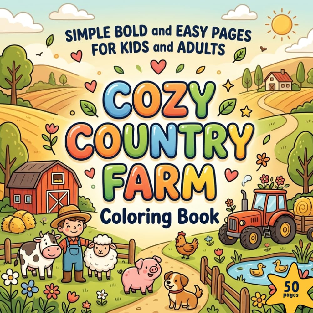 Cozy Country Farm Coloring Book: Simple Bold & Easy Farm Scenes for Kids and Adults