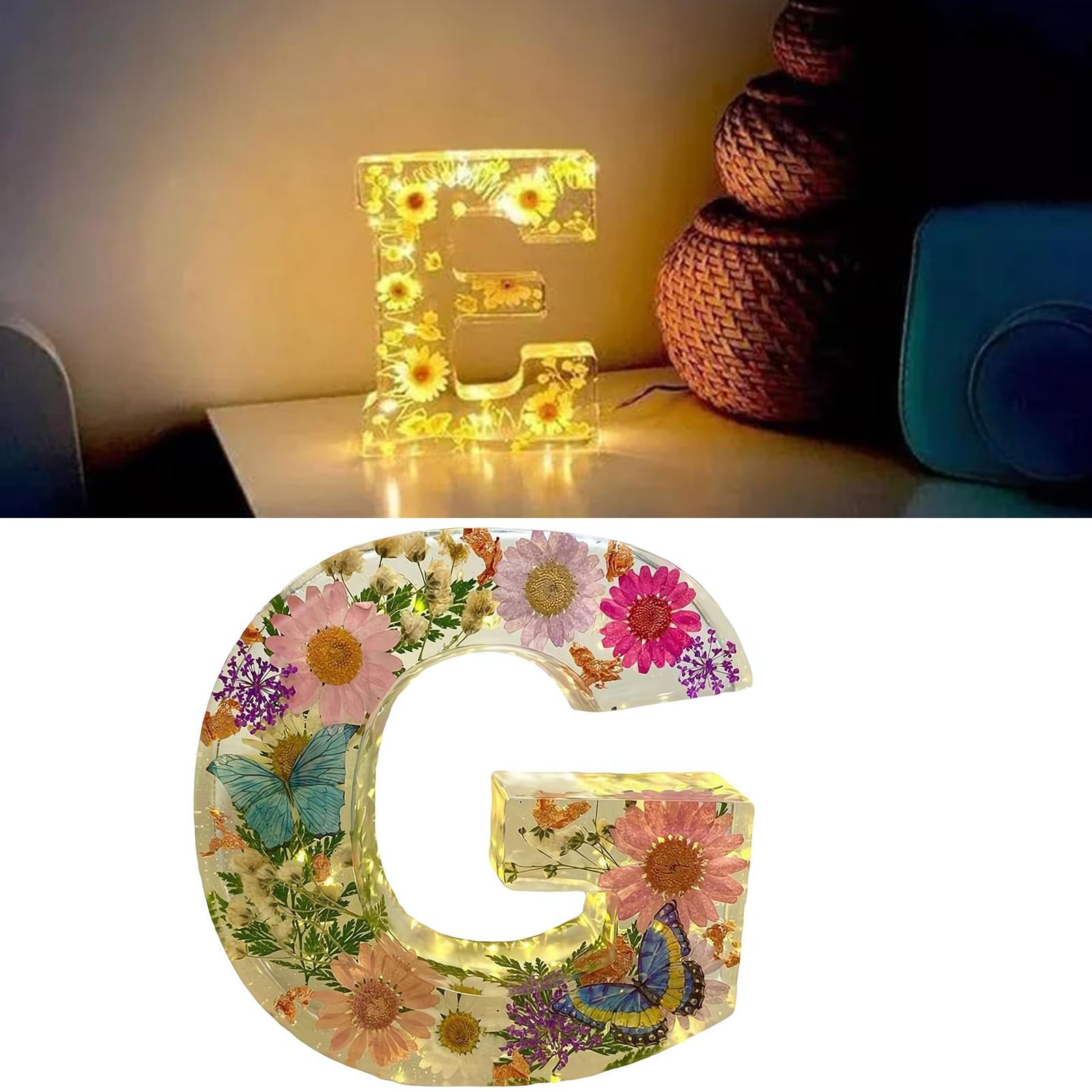 Floral Resin Night Light Letter - Pressed Flower LED Light Up Sign - Personalized Creative Lamp for Home, Party, Christmas, Wedding Decor (G)