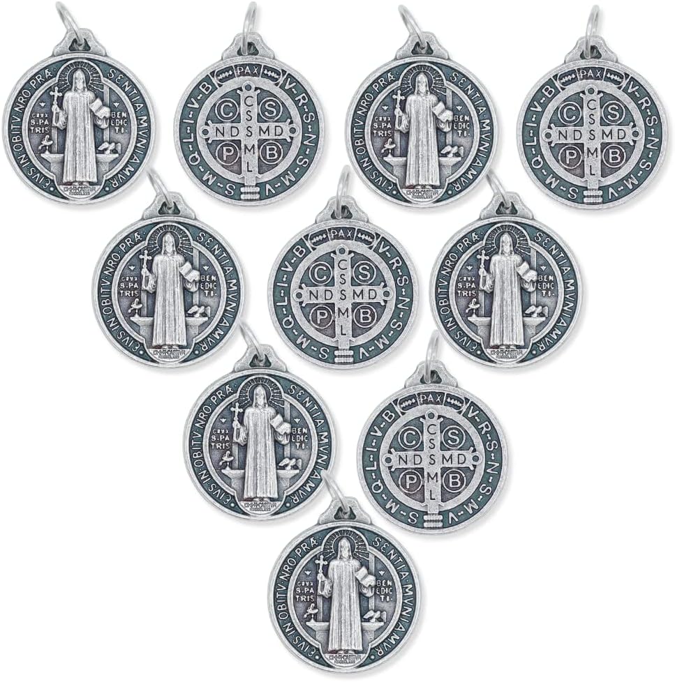 Caritas et Fides Bulk Pack of 10 - St. Benedict Medal Pendant - 3/4 Inch Round Silver Oxidized St. Benedict Medals for Necklace, Medals for Jewelry Catholic, Made in Italy