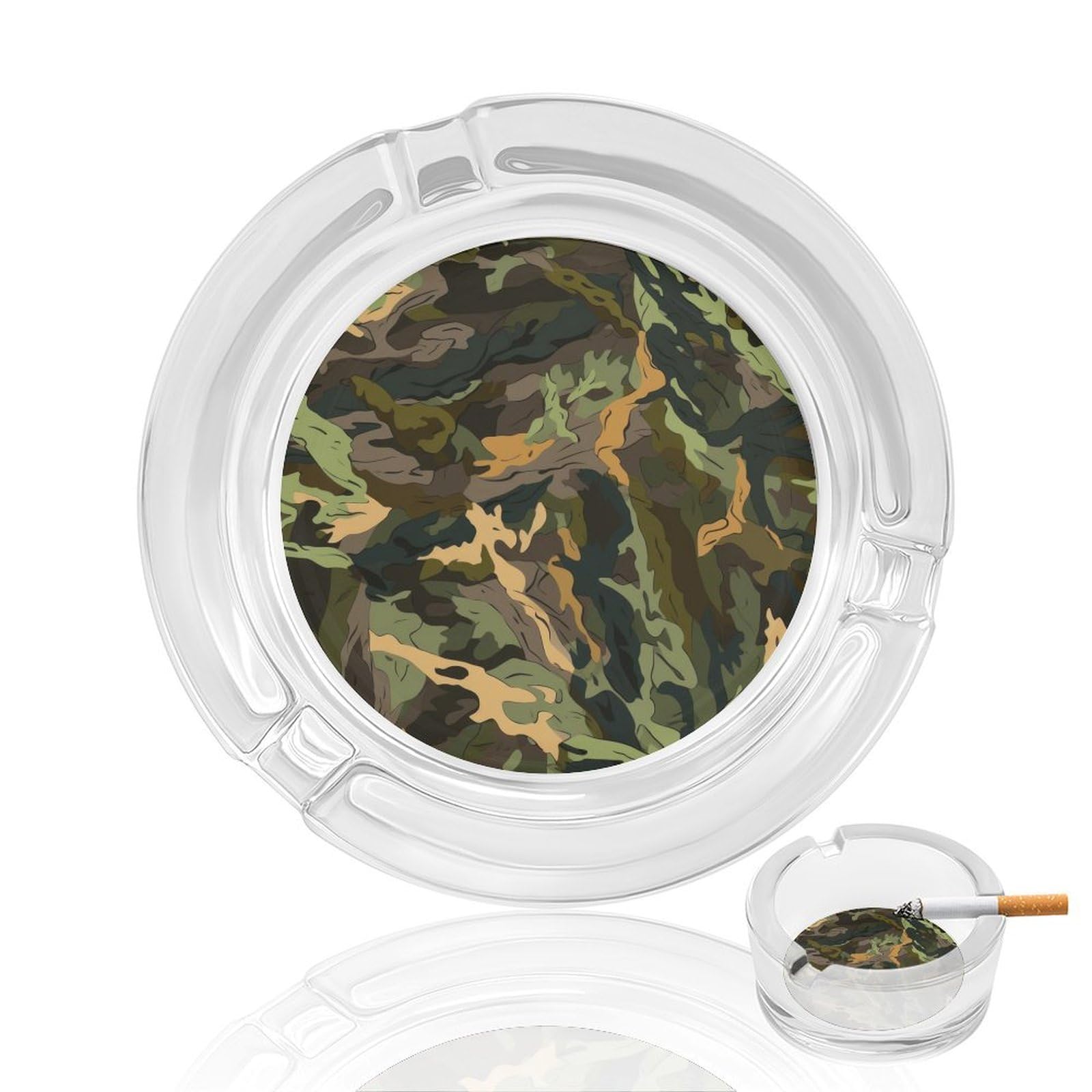 Camouflage Pattern Glass Ashtray 3.3 Inch Round Cigarette Ash Holder with 4 Grooves for Home Office Outdoor One Size