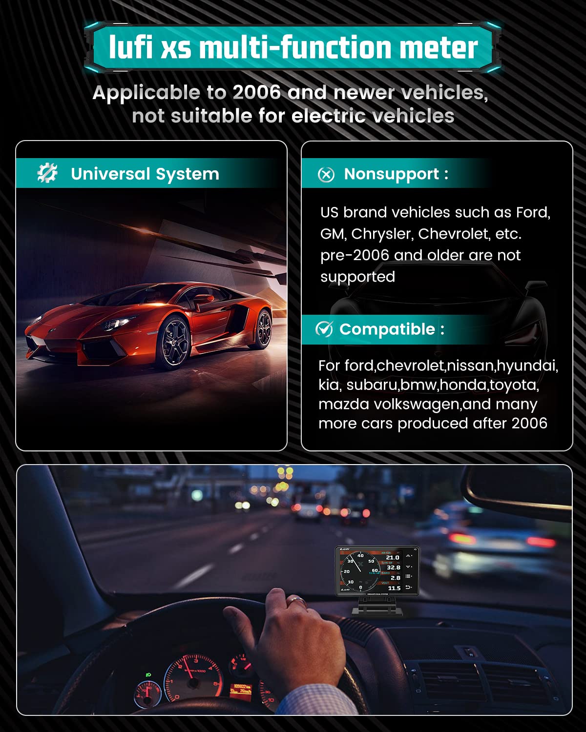 Lufi Xs Obd2 Gauge Display, GPS Speedometer,car inclinometer, Boost Gauge, RPM Meter, Heads up Display for car,Multifunction Digital Gauge Cluster