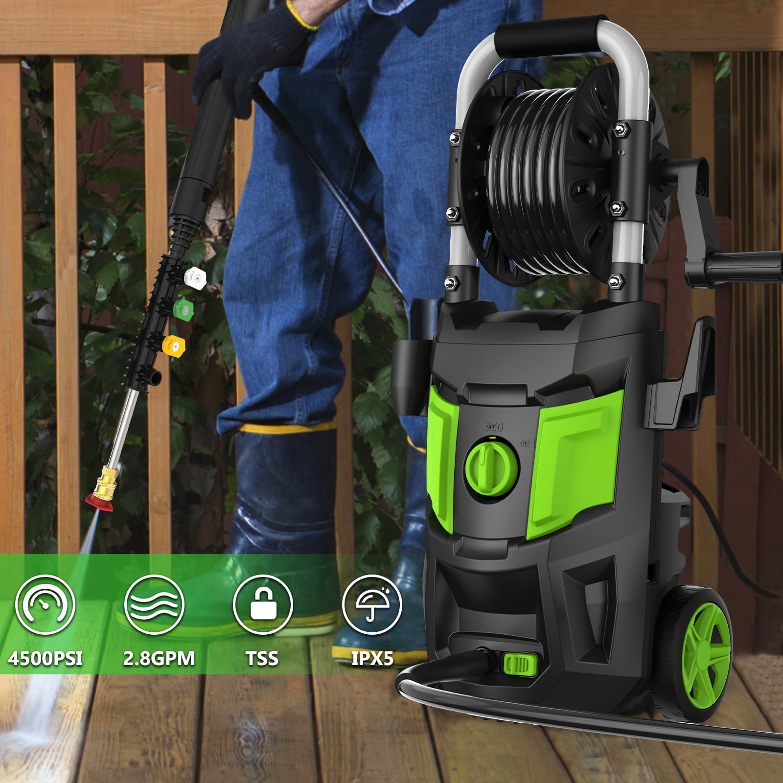 DECOKTOOL Electric Pressure Washer - 4500 PSI 2.8 GPM Electric Power Washer with 35FT Power Cord, 4 Different Nozzles, Soap Cannon for Car, Garden, Yard, House, Green - 3