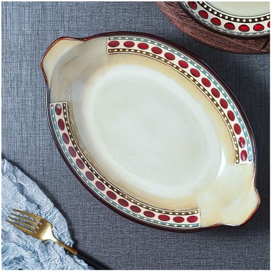 Baking Dishes Large Oval Shaped Household Kitchen Dish Deep Nordic Ceramic Double Ear Baking Tray for Home Use