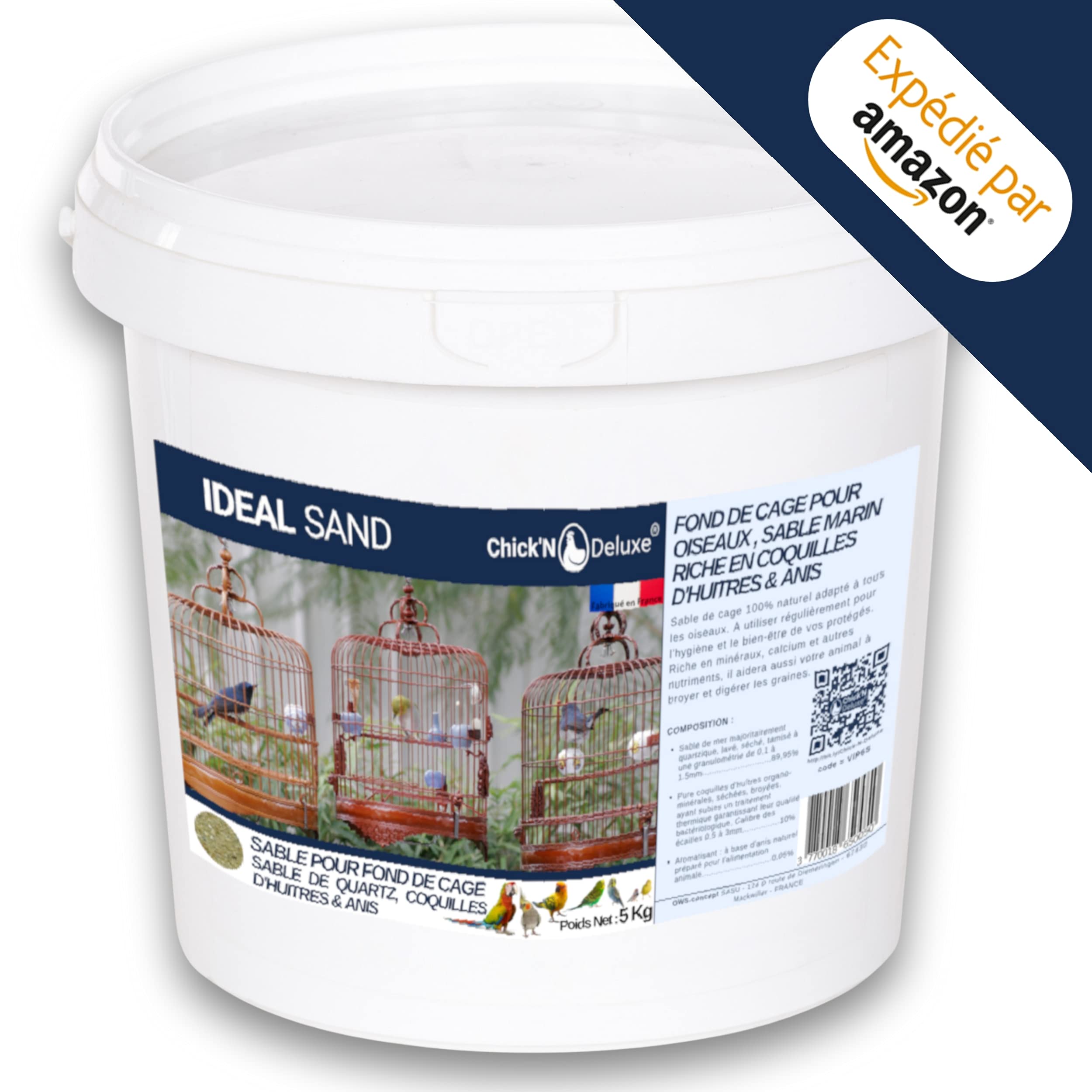 Chick'N Deluxe® Ideal Sand 5Kg. Sable Marin pour Fond de Cage à Oiseaux. Enrichi de coquilles d'huitres broyées et aromatisé à l'Anis. Produit 100% Naturel pour l'hygiène et la santé de Vos Animaux.