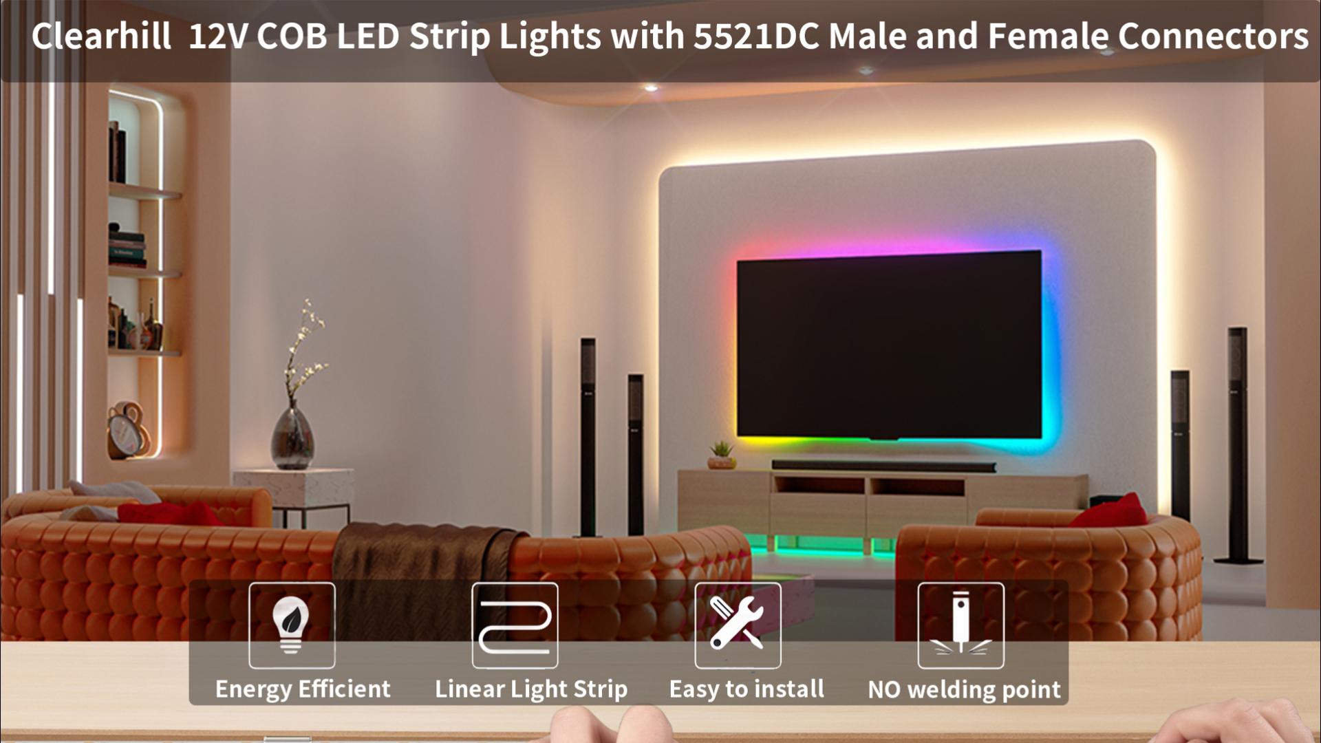 Image of 12VCOB LED Strip Lights with 5521DC Male and Female Connectors,8mm Width,6.56FT /2M,480LEDs /M,Cool White 6500K Bright Lights,Not Waterproof IP20,for DIY Home Indoor Decoration