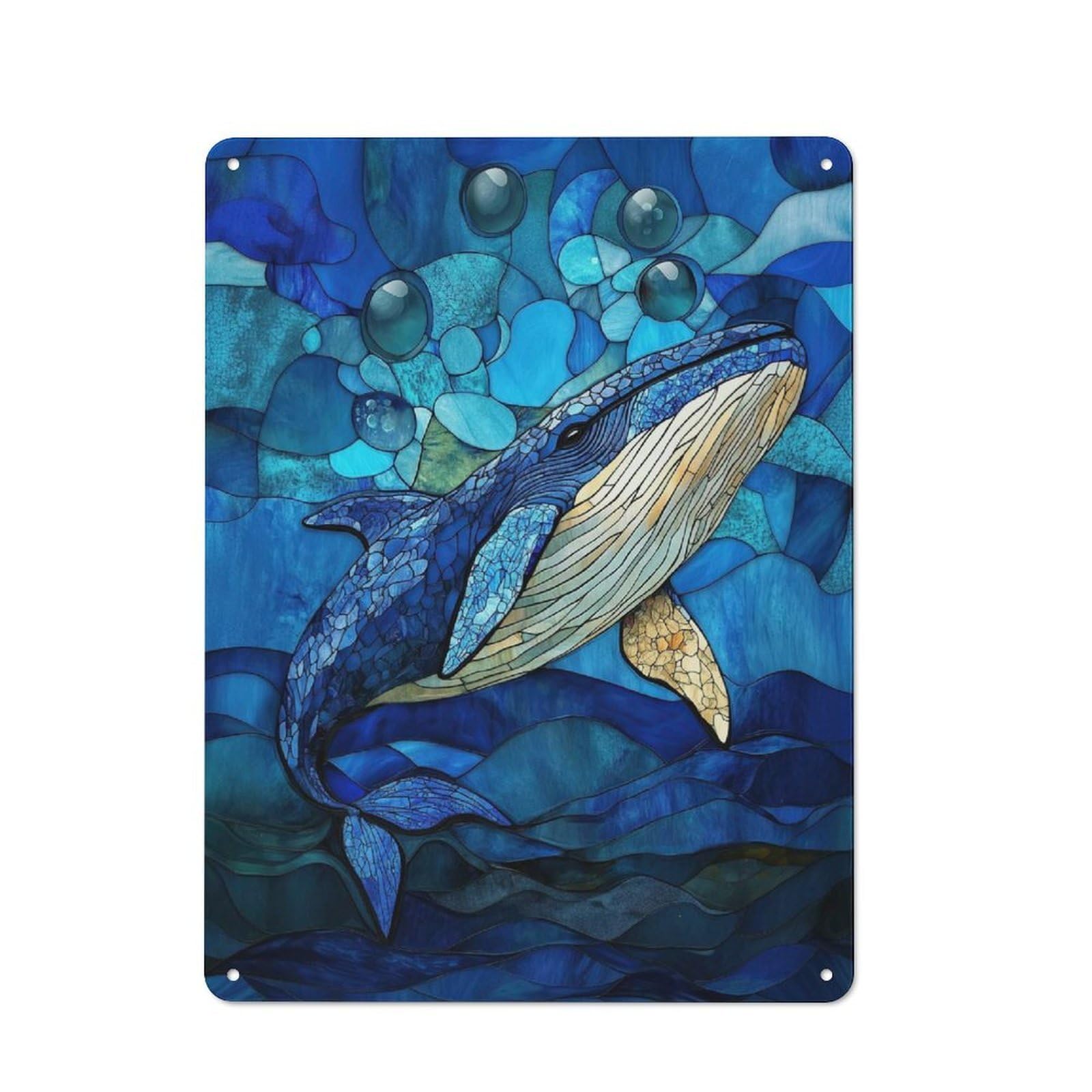 Warehouse Style Stained Glass Whale Decorative Metal Plaque 40x30cm, Industrial Wall Decor for Loft, Studio, Office Or Creative Room