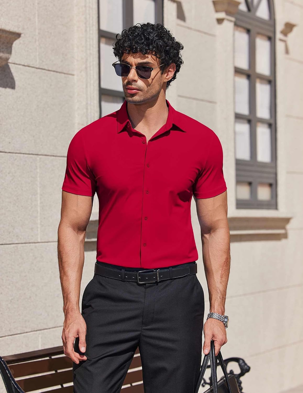 COOFANDY Mens Muscle Fit Dress Shirts Stretch Wrinkle Free Short Sleeve Button Down Shirt Casual Solid Untucked Shirt - Image 3