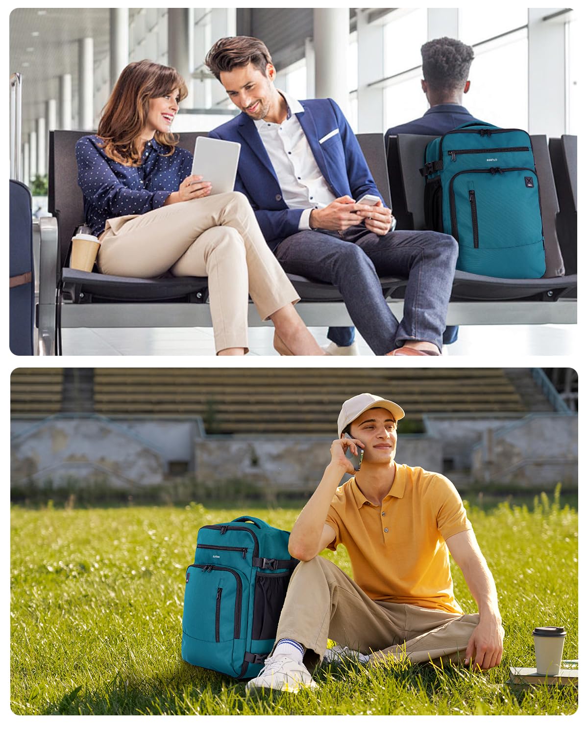 ECOHUB Ryanair Mochila Viaje Cabina Avion 40x20x25 Maletas de Viaje Cabina Bolsa de Viaje Bolso del Ordenador Portátil Maleta de Mano Under Seat Eco PET Mochila para Equipaje de Mano 20L, Azul-verde