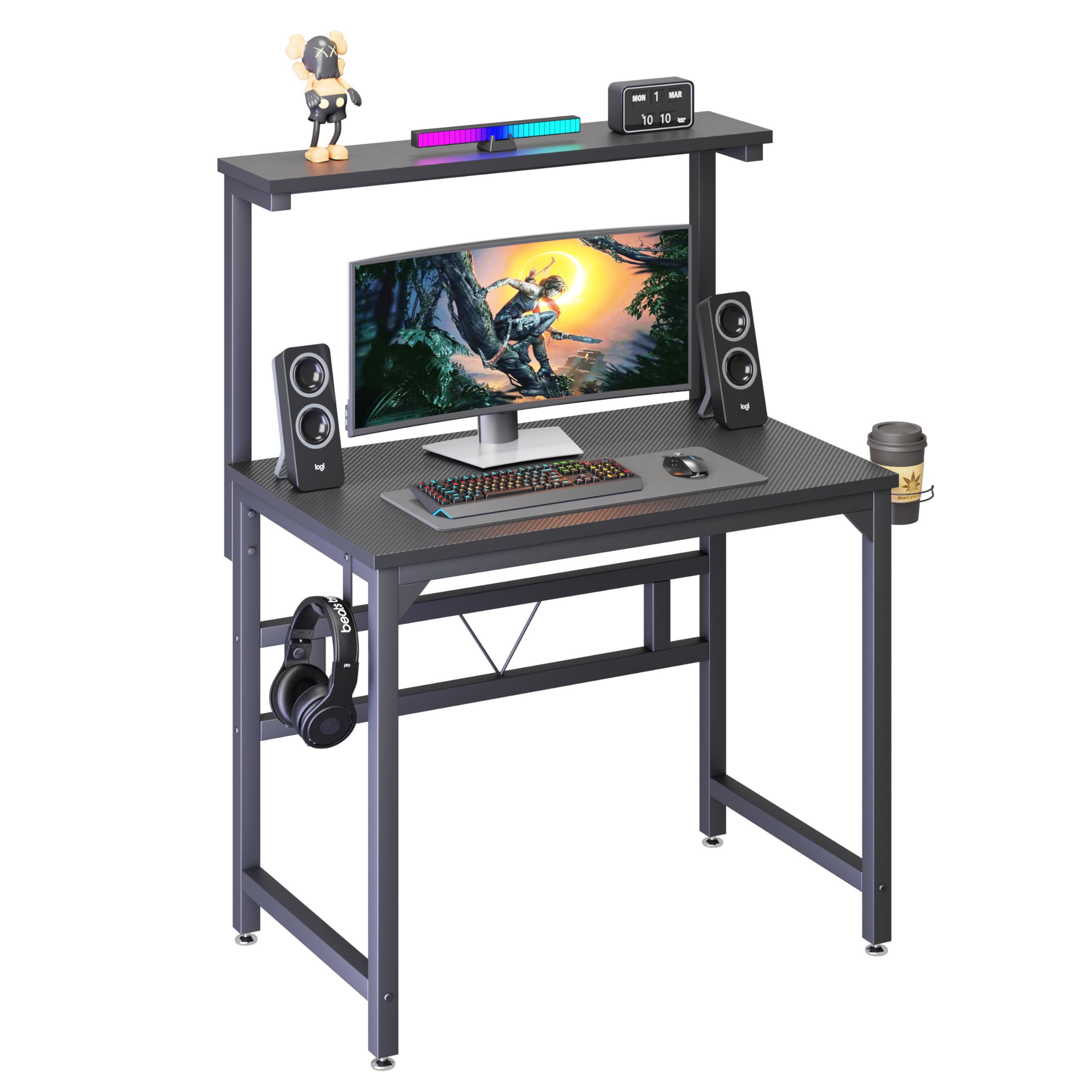 Gaming Desk,80CM Industrial Writing Desk with Height Adjustable Monitor Stand to 5 Position(84.5-120cm), PC Laptop Workstation with Cupholder and Headphone Hook for Home Office Black