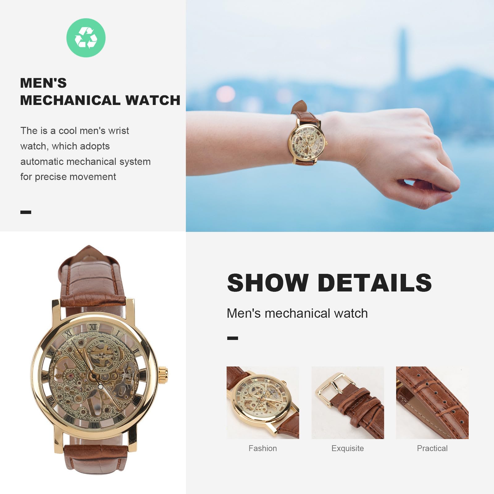Baluue Orologio Meccanico Automatico da Uomo in Acciaio Inossidabile con Quadrante Tondo Oro e Cinturino Confortevole, per Uso Quotidiano