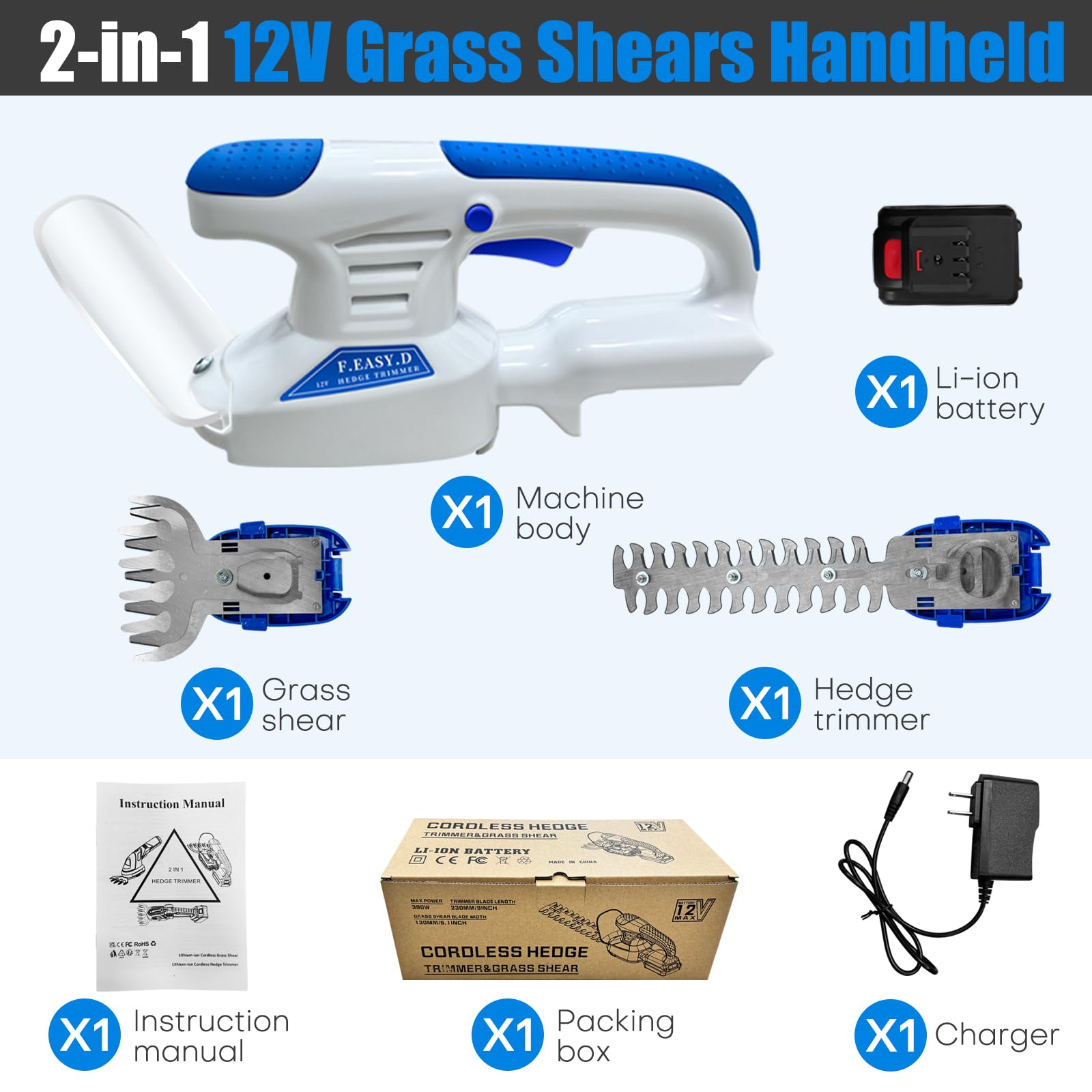 Heckenschere Akku Grasschere 12V, 2 in 1 Gartenschere Rasenkantenschneider 25000RPM Heckenschere Elektrisch inkl. Akku&Ladegerät&2 Messer Aufsätze für Hecken Rasen