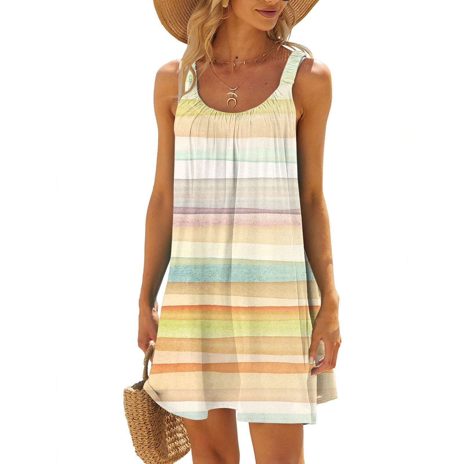 NUSGEAR 2024 Vestidos Corto para Mujer Vestido Verano Estampados Moda Fiesta Casual Playa Vestidos sin Manga Cuello Redondo Suelto Basic Elegante Mini Vestidos de Noche Diario Vacaciones Bohemio