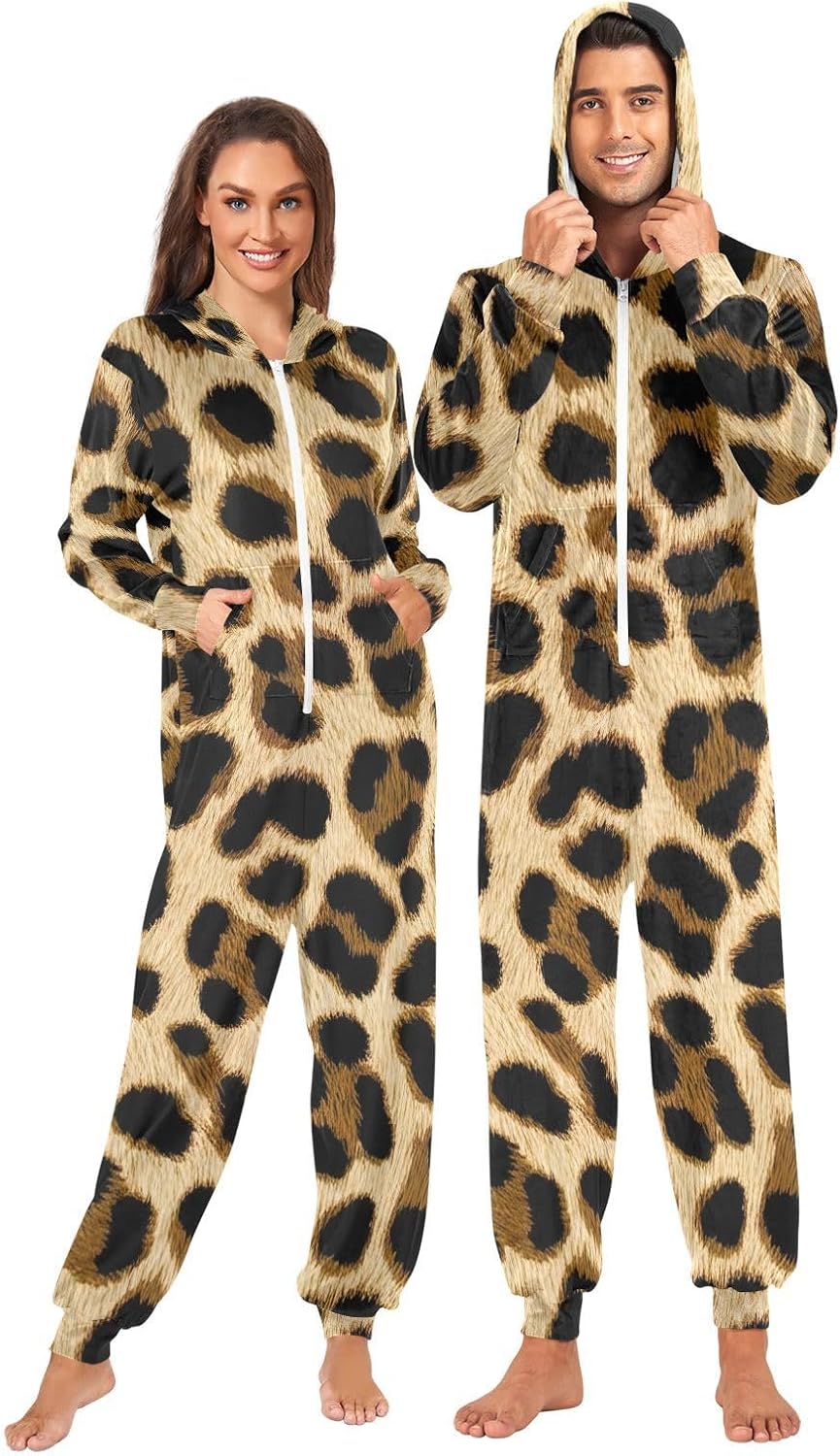 GAIREG Brown Leopard Print Mens One Piece Pajamas, Adult Christmas Pajamas Onesie