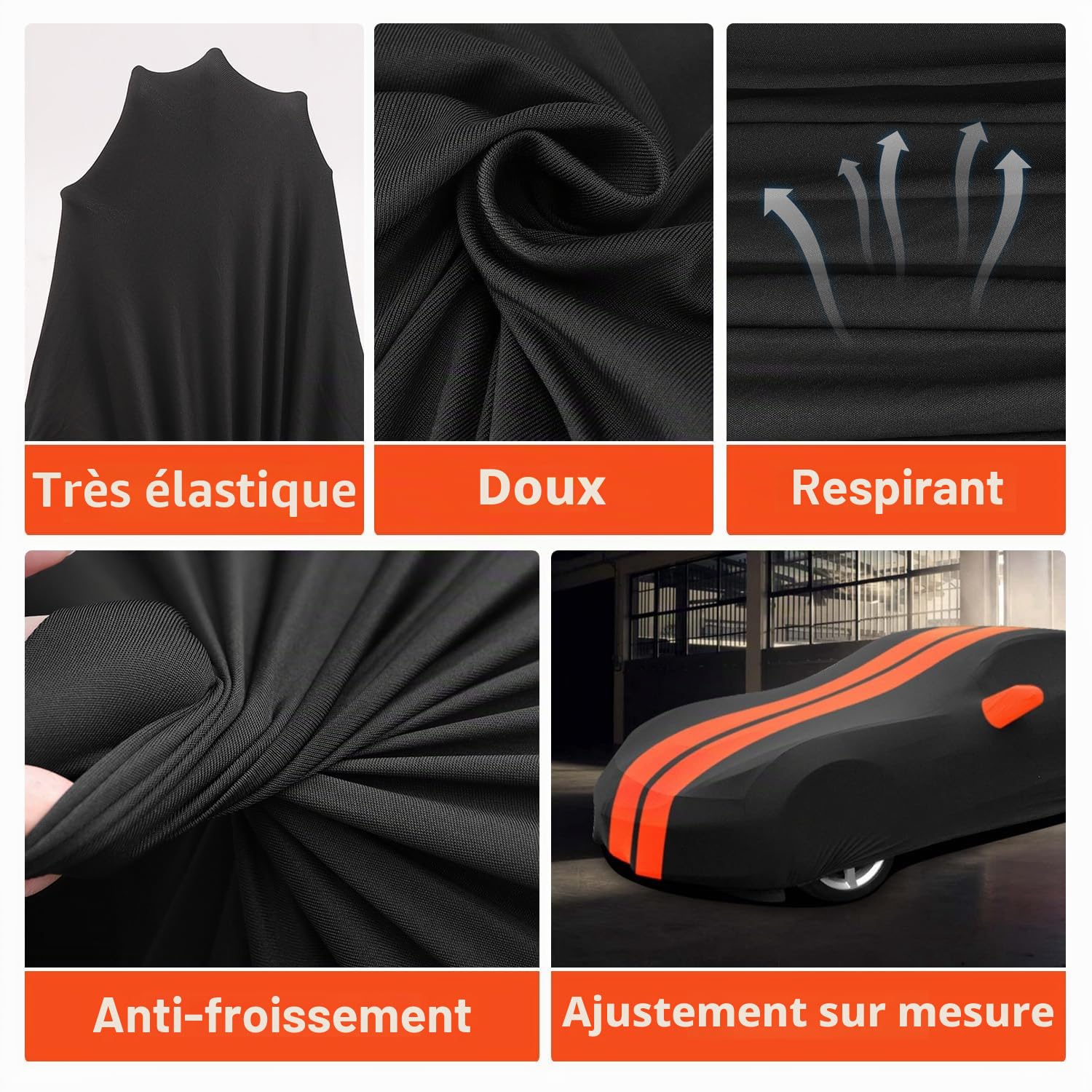 TECTICO Bache Housse Voiture Intérieur de Sport 4,2-4,6m,Élastique Respirante Souple Anti Rayure Protection Complète pour Garage Indoor Auto Show, Noir+Orange