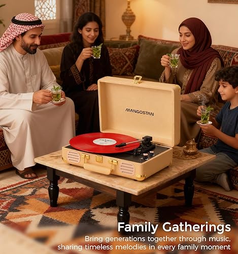 Miniatura 5 de Tocadiscos Bluetooth vintage, tocadiscos portátil de 3 velocidades con altavoces estéreo de graves integrados, fonógrafo de vinilo accionado por