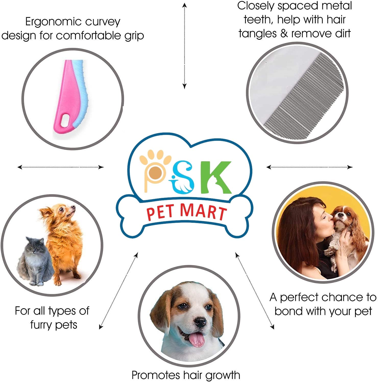 PSK PET MART Flea Comb for Cat Dog, Stainless Steel Fine Tooth Flea Lice Tear Stain Remover Comb (Pack of 2) 2