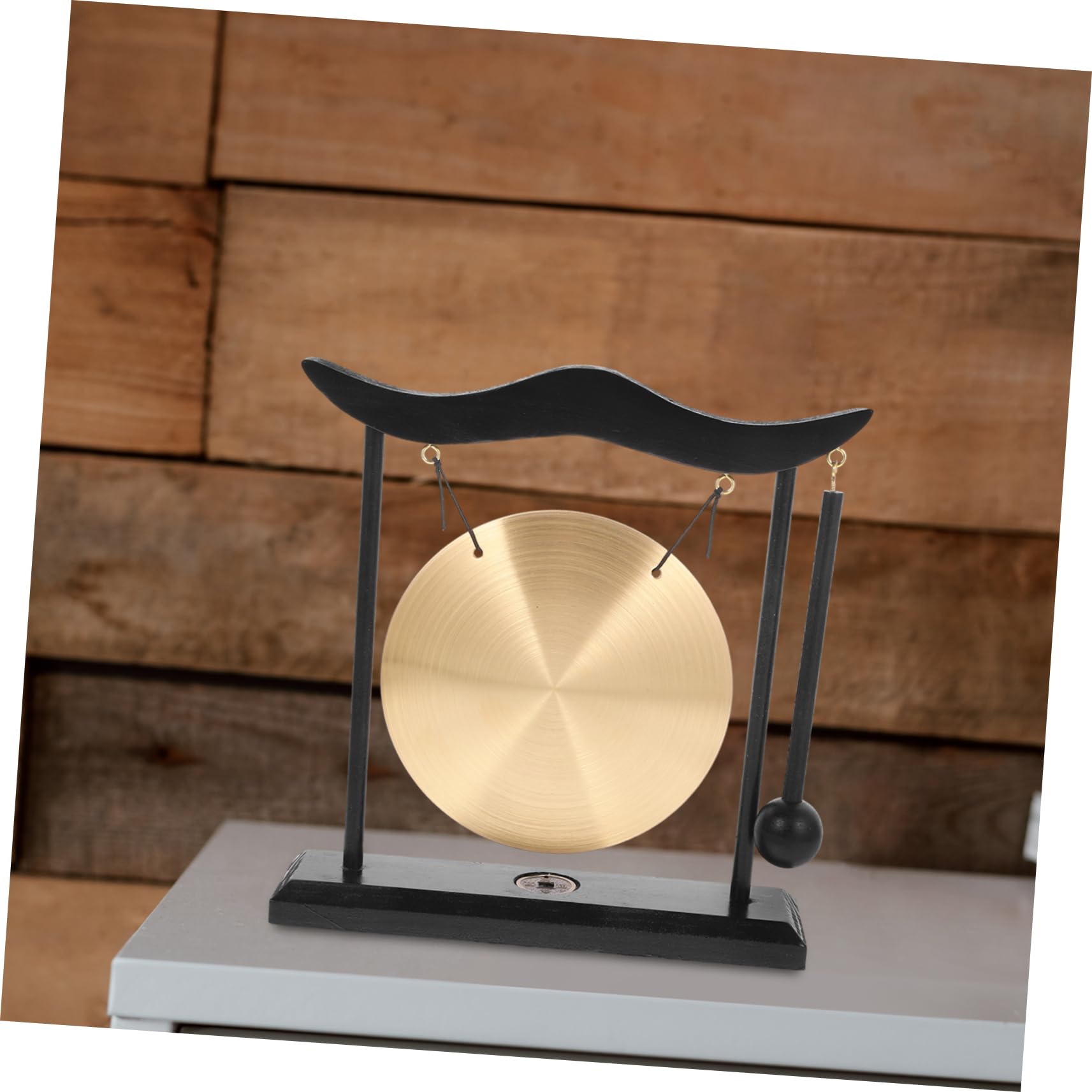 Pequeño Gong Decorativo de Madera y Cobre Dorado Elegante