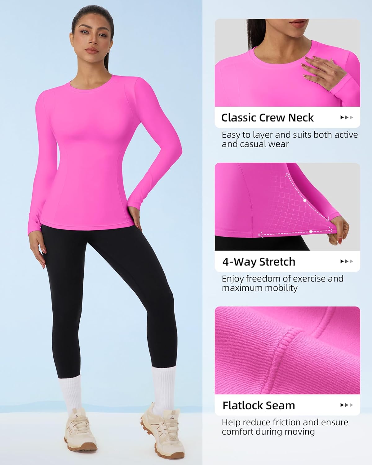 Women's Long Sleeve Compression Shirts Workout Shirts Breathable Athletic Tops Slim for Yoga Running Gym - Image 6