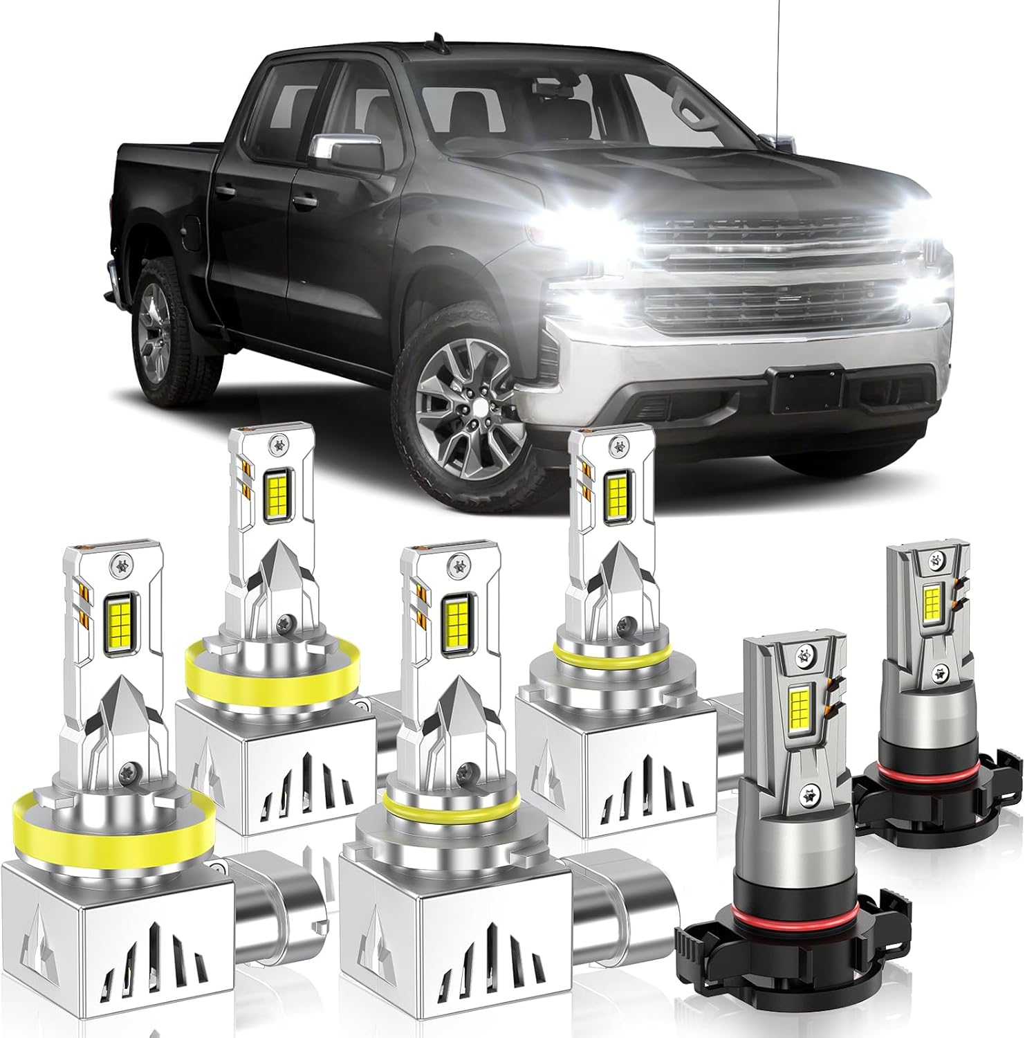 Fit for Chevy 2007-2015 Silverado 1500 2007-2019 Silverado 2500HD 3500HD, High&Low Beam Fog Light Bulbs Combo 800% Brightness 6000K Cool White, CANbus Ready, Plug and Play, Pack of 6