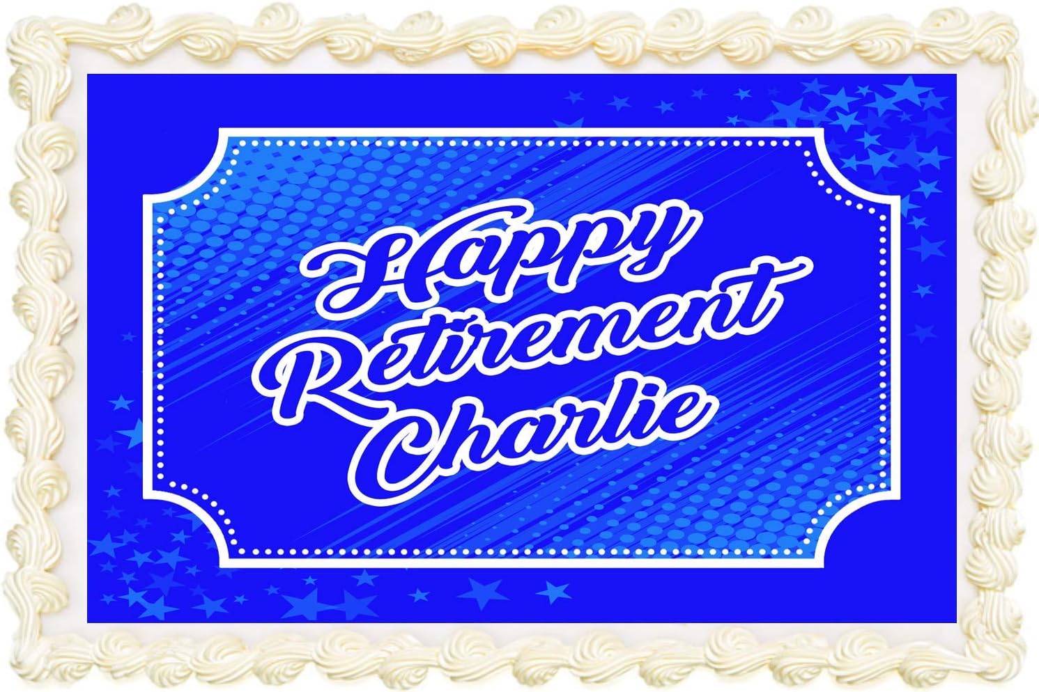 HAPPY RETIREMENT BLUE RECTANGLE PERSONALISED ICING EDIBLE COSTCO CAKE TOPPER DECORATION - COSTCO CAKE