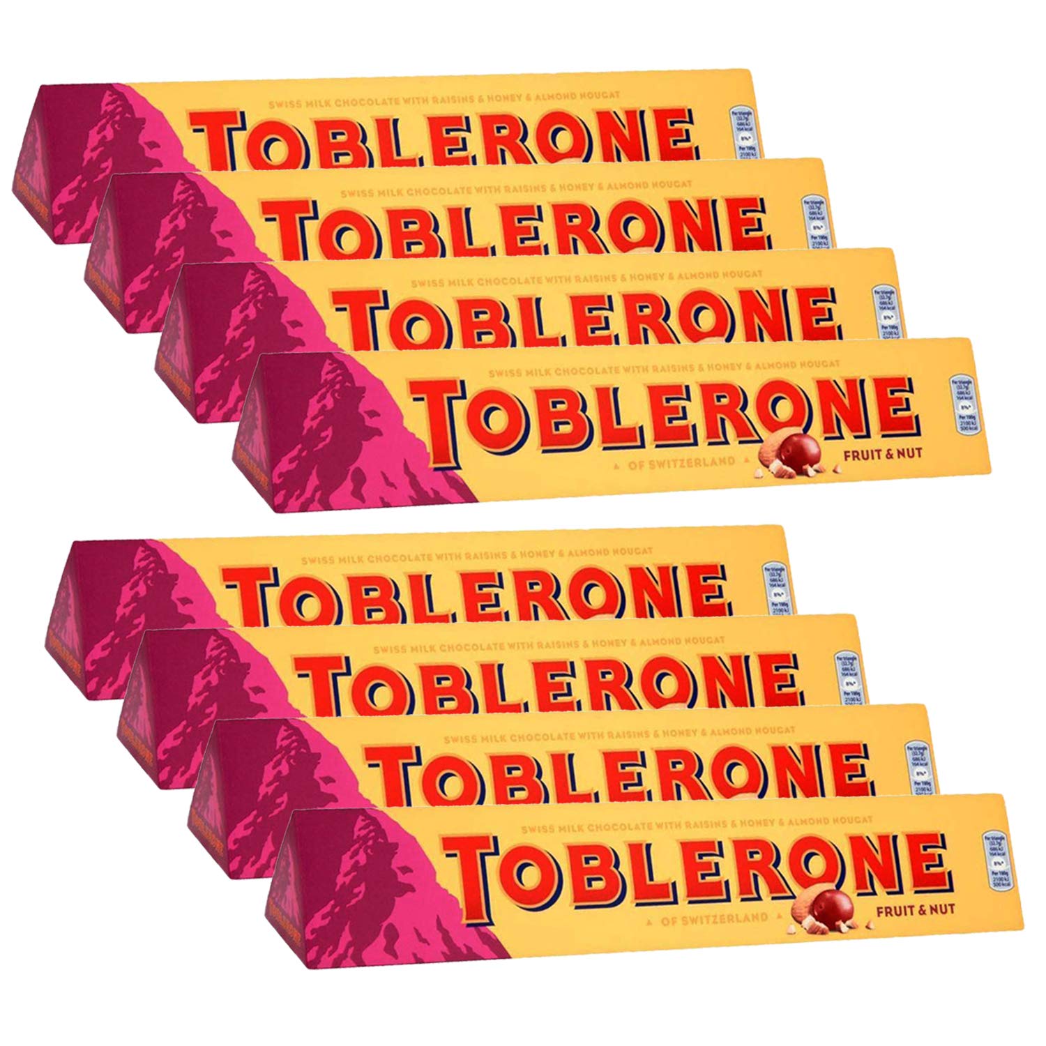 Toblerone of Switzerland Fruit & Nut with Raisins, Honey and Almond Chocolate Bar - 8 Pack, 8 X 100 Gram