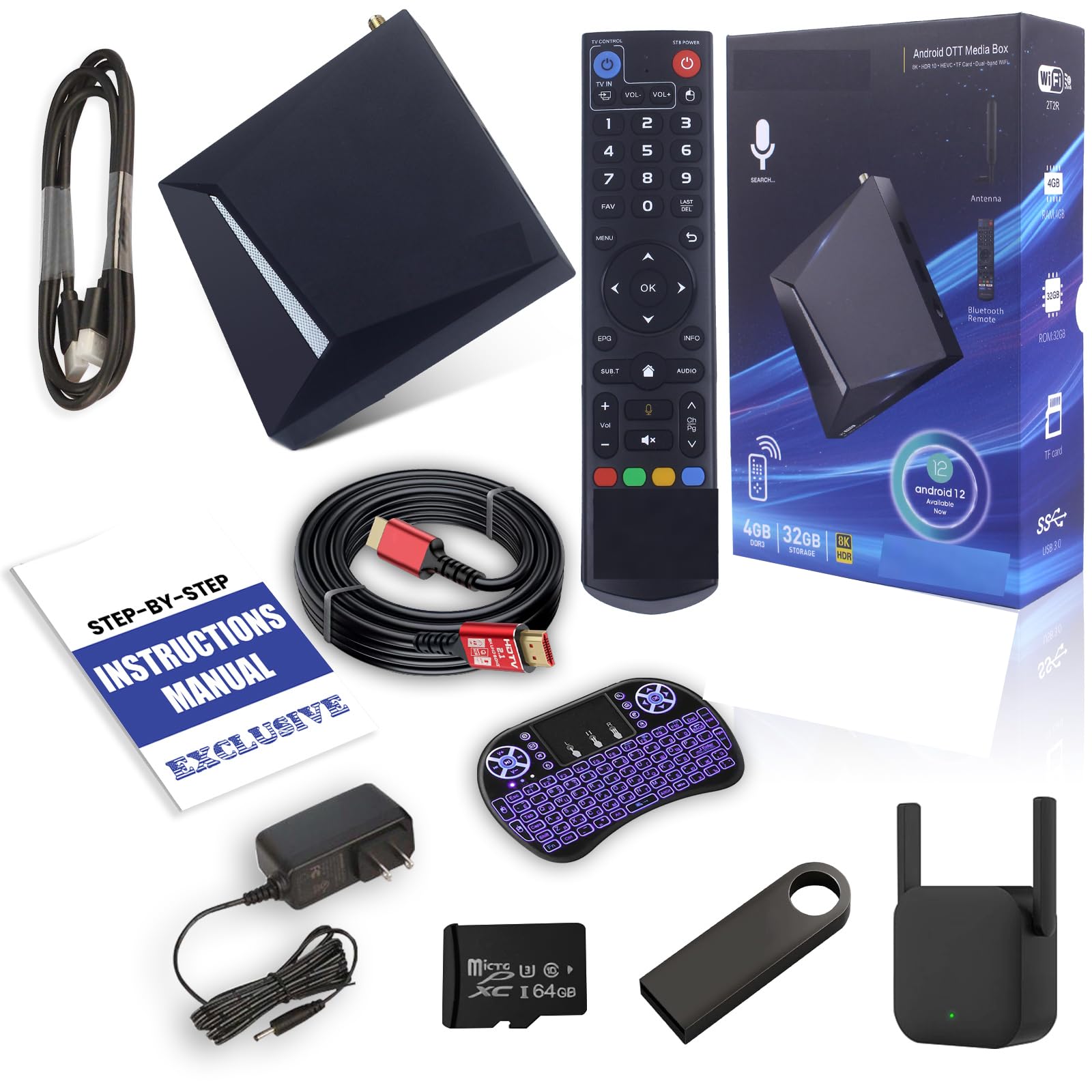 v V5 2025 See Pro with Remote, Keyboard, HDMI Cable, Power Adapter, Setup Manual, USB Drive, 64GB SD Card, and Ethernet Cable with WiFi Extender.