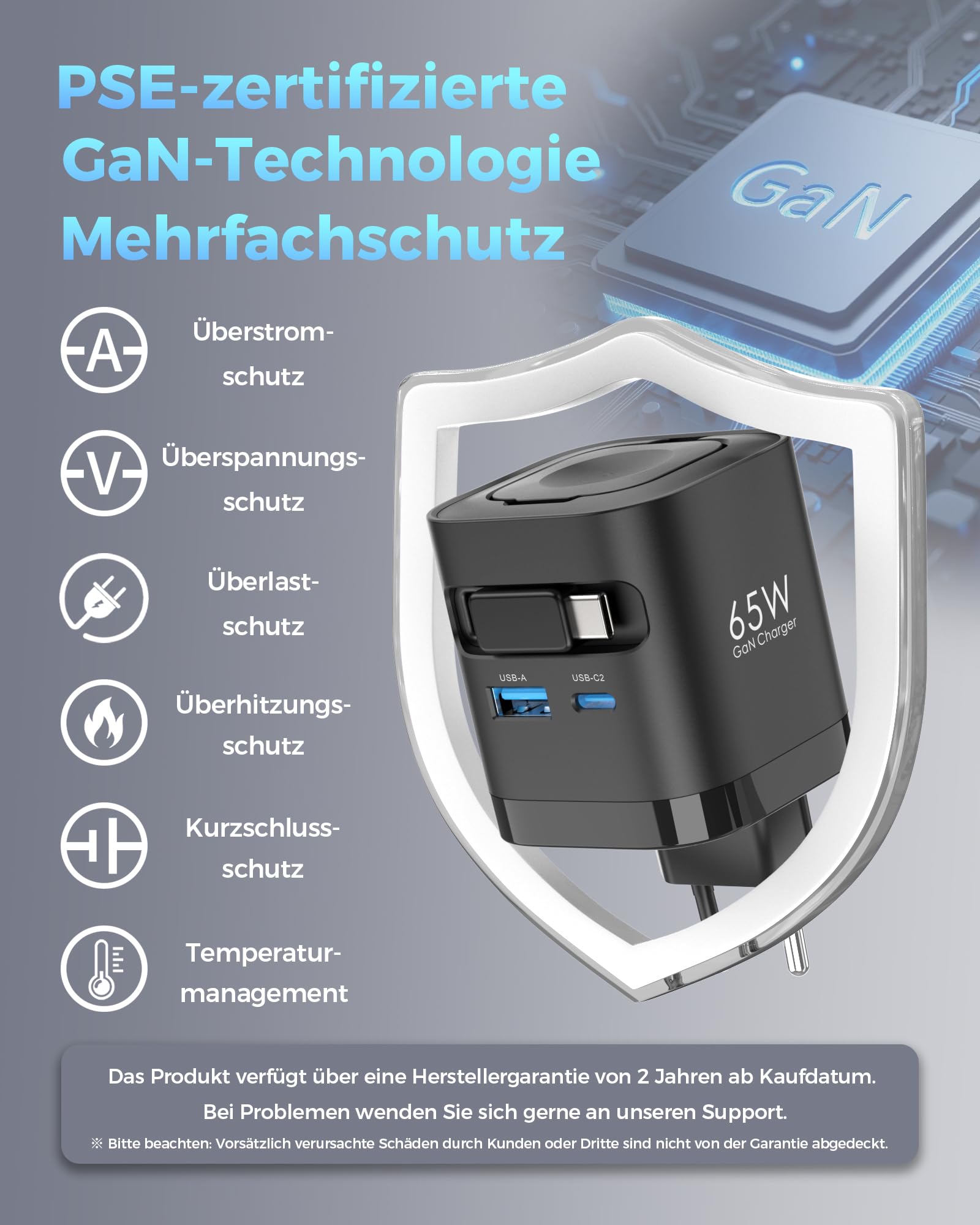 65W USB C Chargeur avec Rétractable câbles pour Apple Watch, Adaptateur Secteur USB C GaN à 4 Ports avec câble pour Apple Watch Ultra/11/10/9/8/7/SE, pour MacBook, pour iPhone, pour iPad. Noir