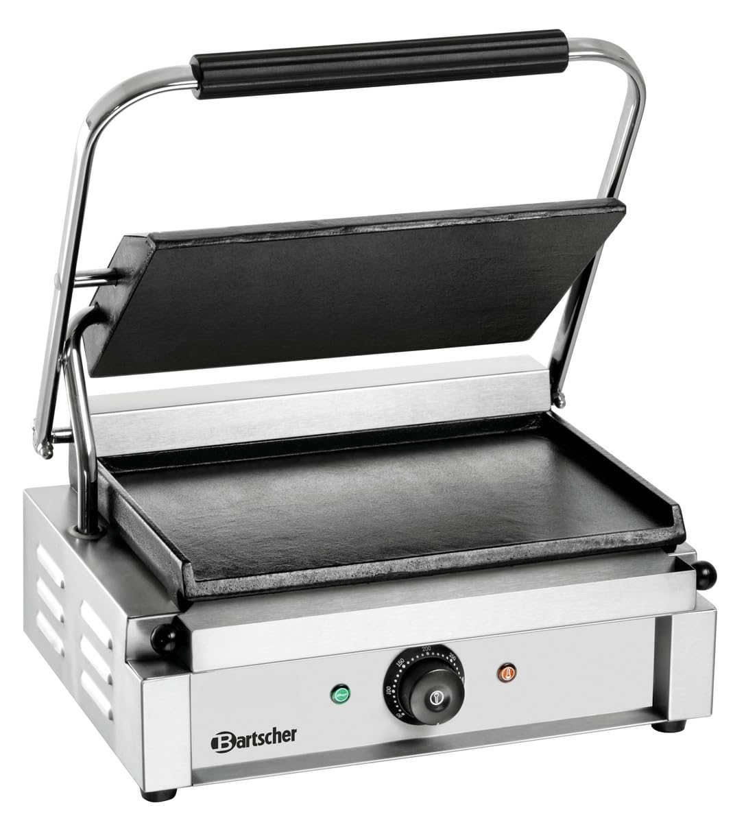 Bartscher Kontaktgrill Panini 1G – elektrischer Grill mit glatter Gusseisenplatte, 230 V, 2,2 kW, für Gastronomie, silbergrau, inkl. Reinigungsbürste