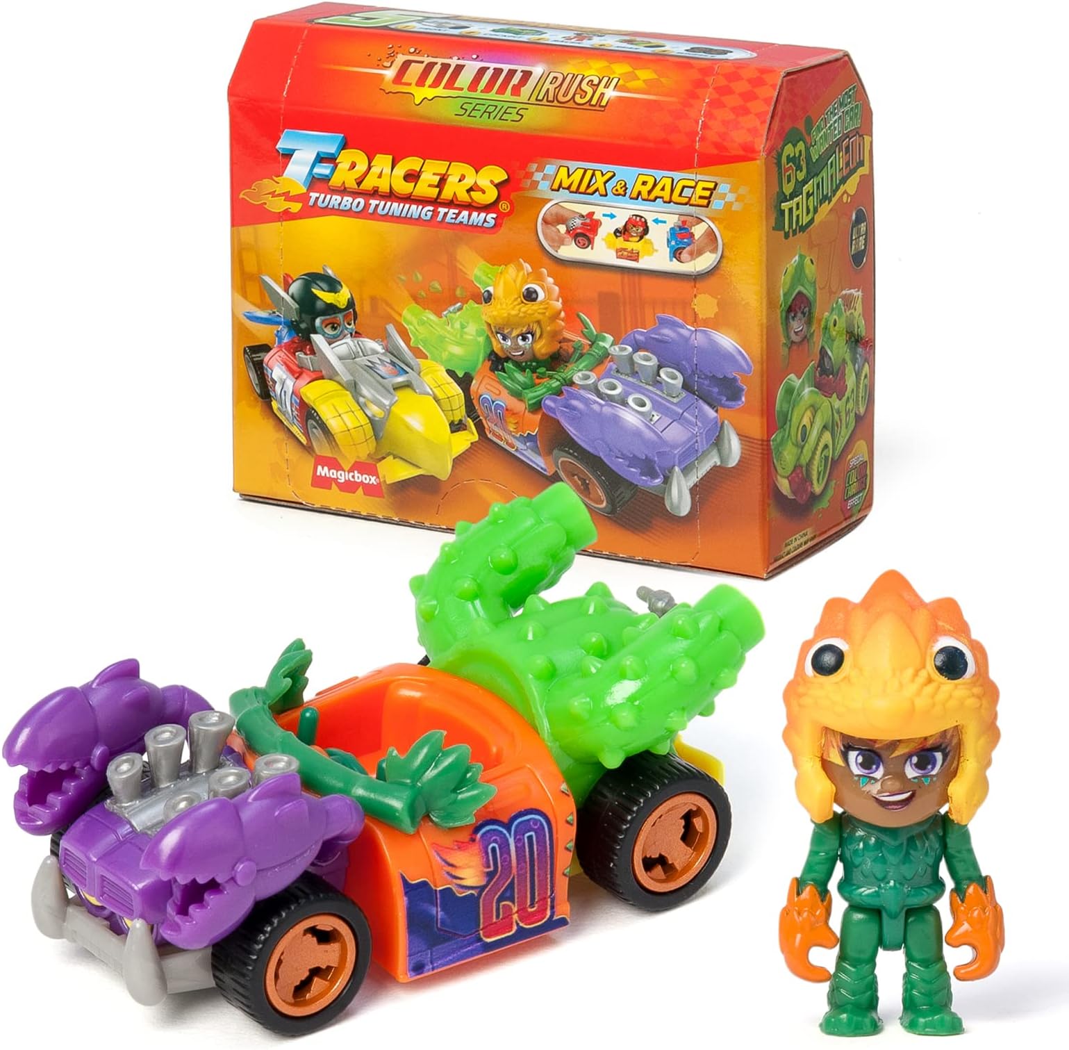 T-RACERS Colour Rush series – Car and surprise collectible driver. Car can be disassembled into its parts and has interchangeable pieces to mix & match