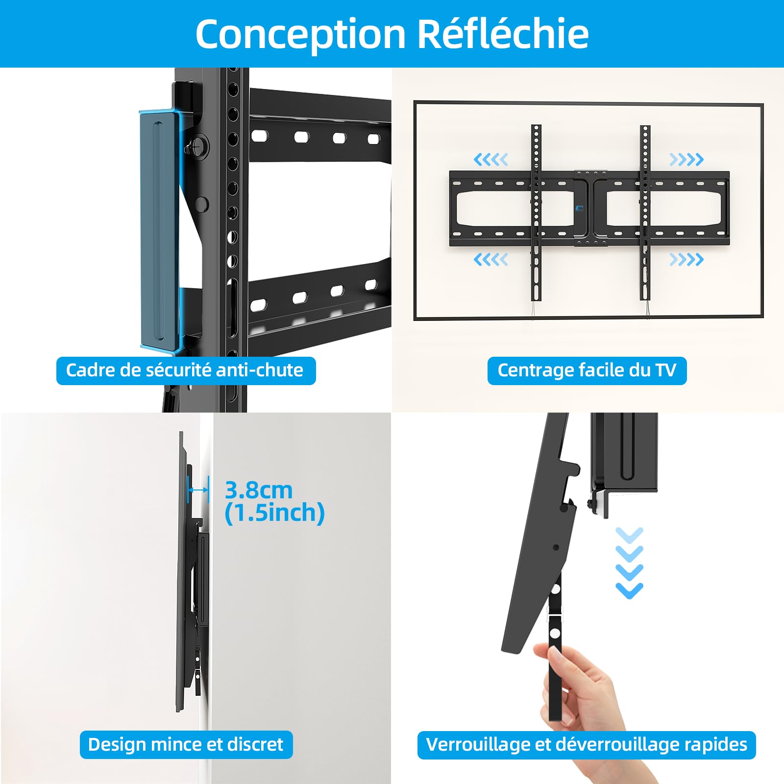 Home Vision HV9601 Support Mural inclinable et Robuste pour téléviseurs Plats/incurvés de 32 à 85 Pouces, capacité de 75 kg, VESA Max 600 x 400 mm, Profil Bas, Universel, Compatible avec la Plupart