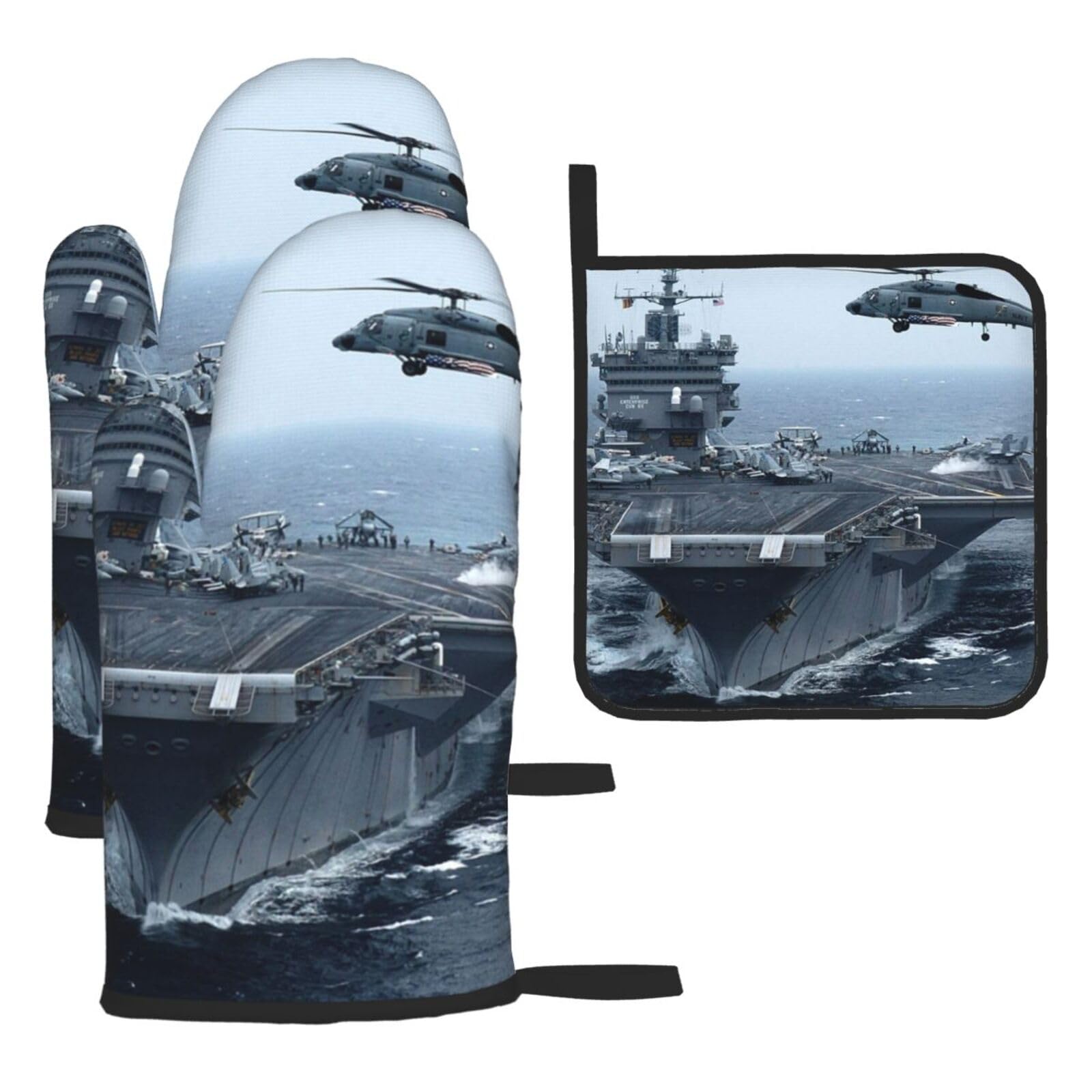 Aircraft Carrier Print Oven Set Kitchen Gloves Baking Grilling Microwaving Cooking Gift Everyday Holiday