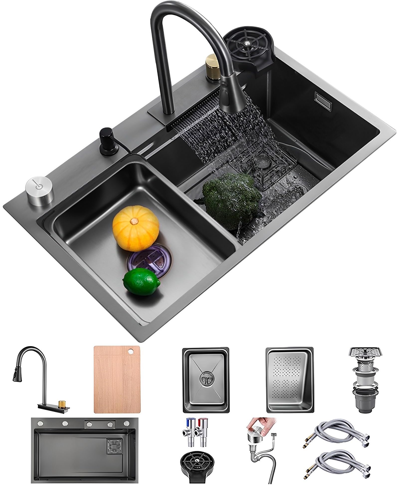 ZQFHSX Waterfall Kitchen Sink Stainless Steel Nano Single Bowl Bar Multi-function Workstation With Pull-out Faucet, Drain Basin, Cup Washer, Drainage Assembly(75x45x22cm)