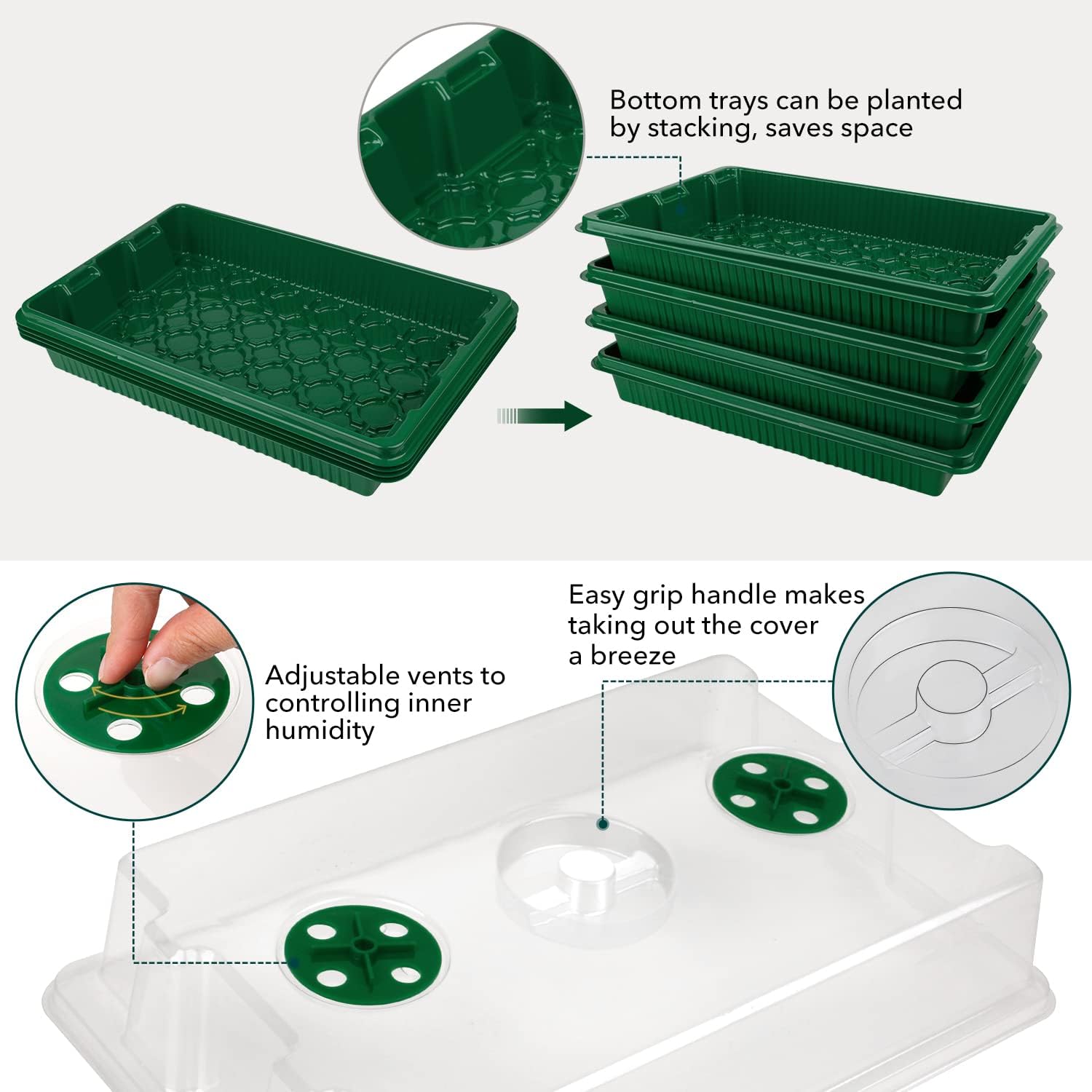 YAUNGEL XL Seed Starter Tray, 160 Cells, 4-Pack with Humidity Domes, Green