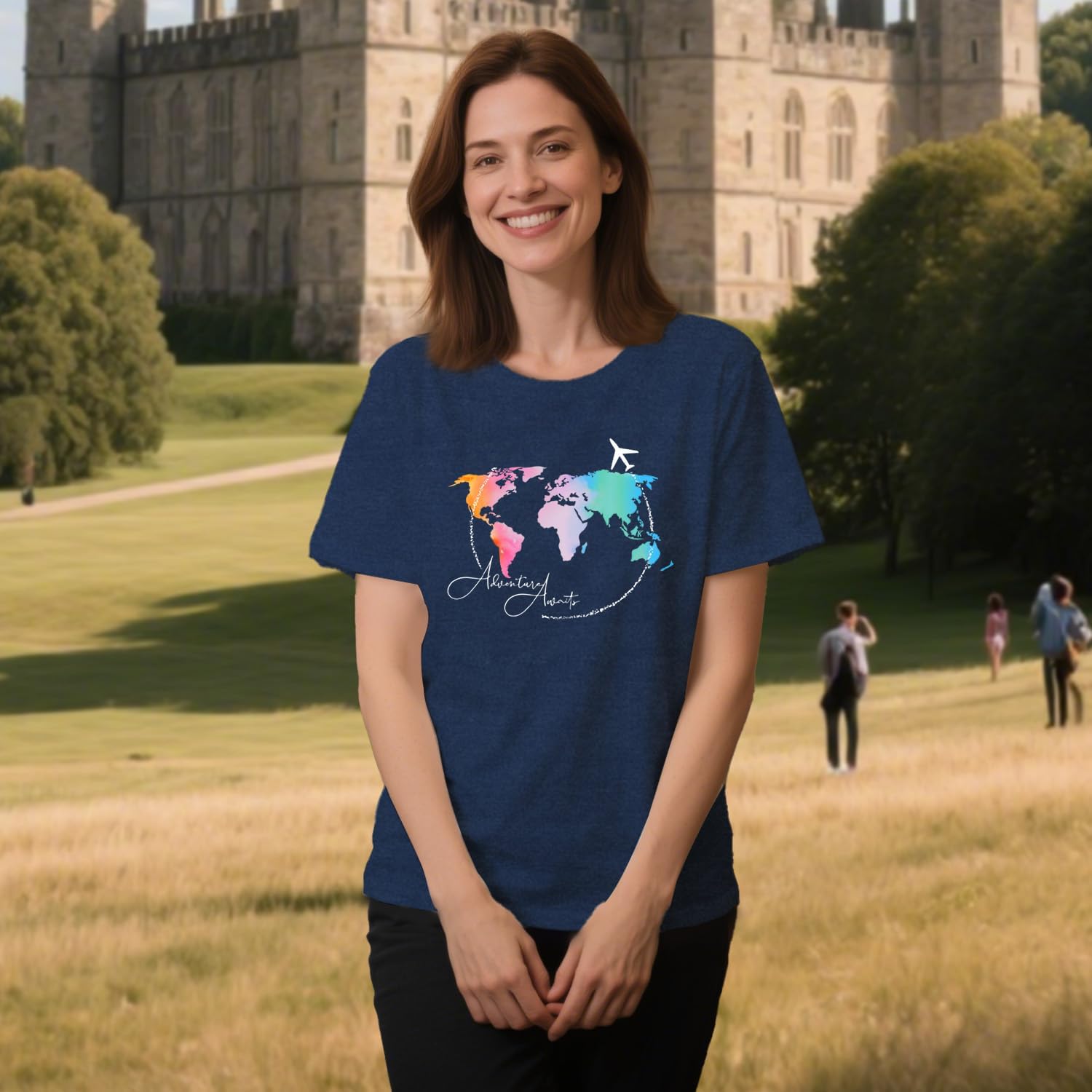 Travel Shirts for Women Airplane Trip T-Shirt Adventure Awaits Vacation Crewneck Tee - Image 2