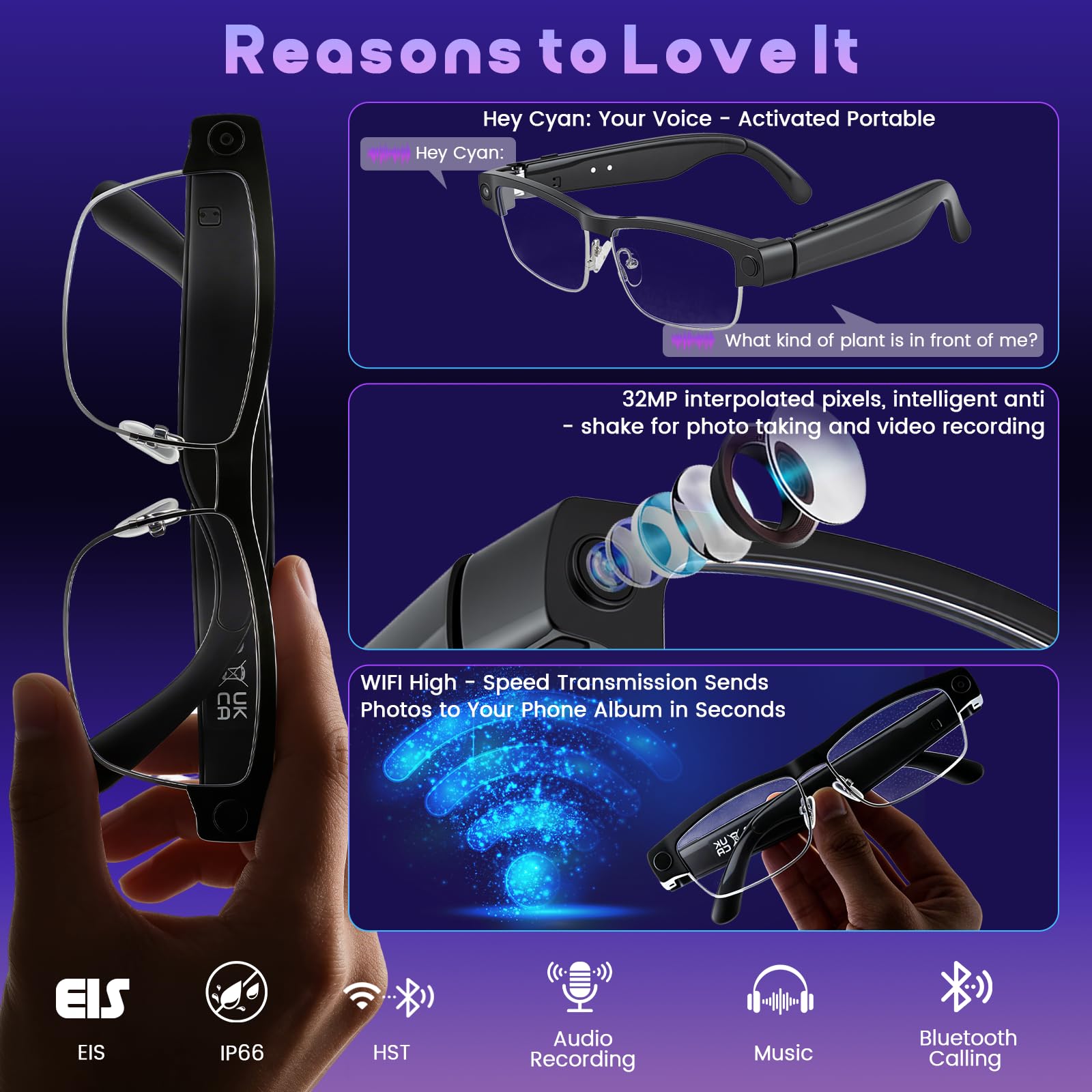 Gafas Inteligentes con Cámara AI 1080P HD, Gafas con Cámara para Video Foto Traducción de Voz, Lentes Fotocromáticas Luz Azul, Batería 270mAh IP65 Impermeable para Outdoor Ciclismo Senderismo Viajes