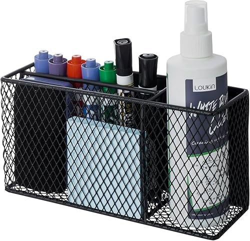 Miniatura 7 de MyGift Organizador de 3 compartimentos de malla de metal negro mate magnético moderno, organizador de artículos de papelería de oficina con vaso