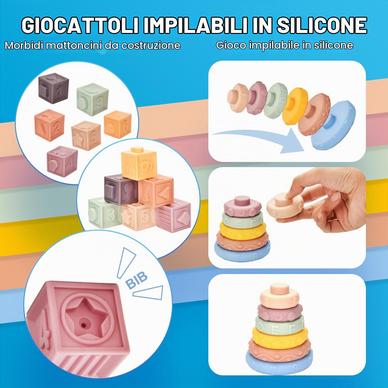 Montessori Giocattolo per bambini per mesi, giocattolo 6 in 1 per abilità motorie a partire dai mesi, sviluppo di blocchi sensoriali impilabili, scatola di fazzoletti, giocattolo educativo