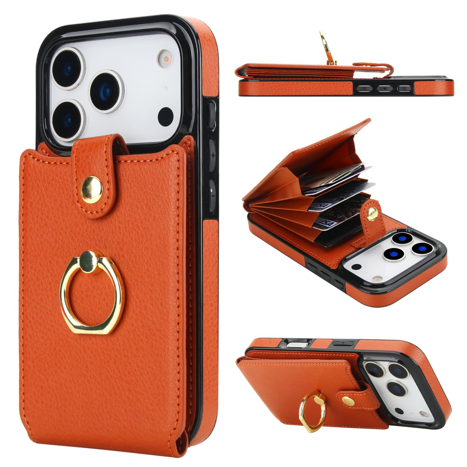 Photo 1 of Folosu Compatible with iPhone 17 Pro Case Wallet with Card Holder, 360°Rotation Finger Ring Holder Kickstand, RFID Blocking Leather Protective Double Buttons Shockproof Cover 6.3 Inch Brown