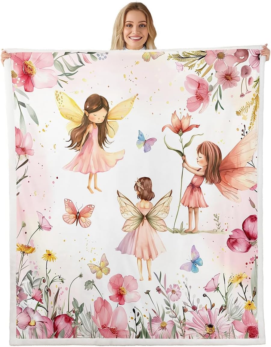 Erosebridal Dreamy Fairy Blankets and Throws,Pink Fairy Garden Blanket Throw for Girls Kids,Cute Floral Butterfly Fuzzy Blanket 60"x80",Princess Girly Coquette Decor for Bed Couch