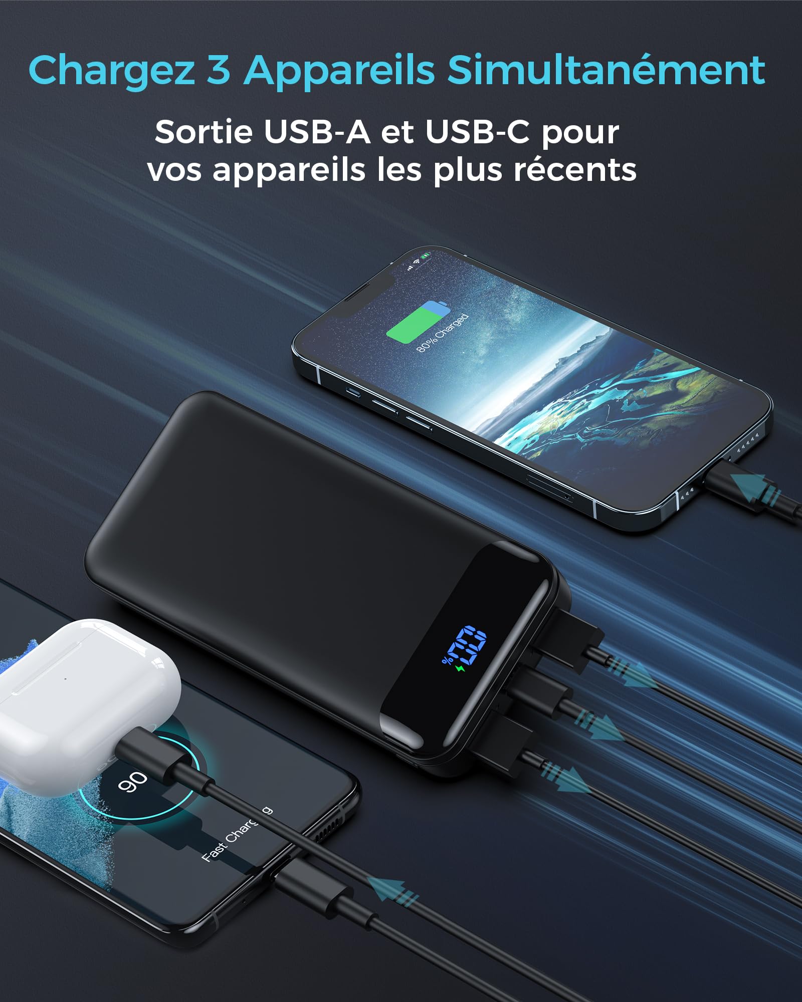 Enerwow Batterie Externe 27000mAh 22.5W Powerbank USB C Câble Charge Rapide