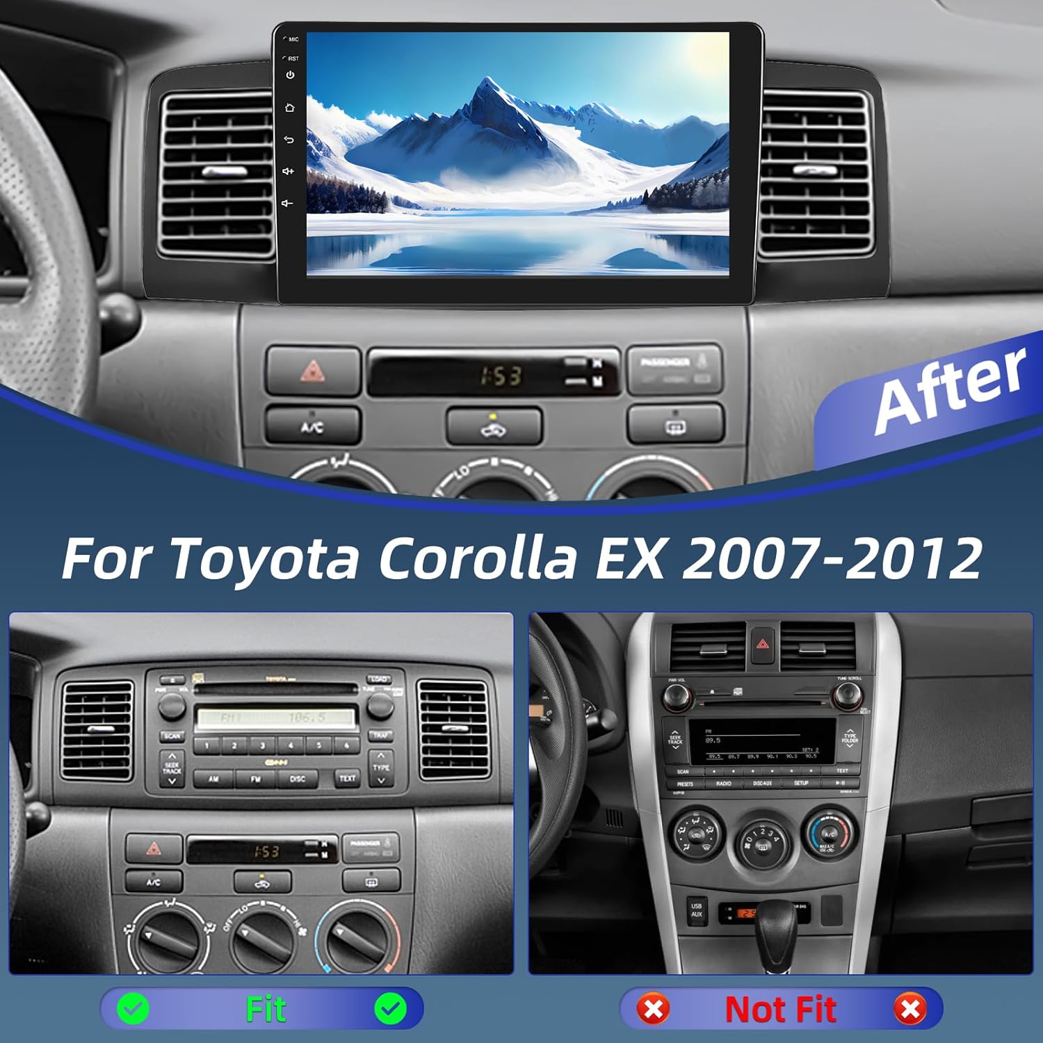 EKAT 4G+64G Android Car Stereo for Toyota Corolla EX 2007-2012 - 9 Inch HD Touch Screen Stereo with Wireless Carplay & Android Auto - 32 EQ DSP, WiFi, GPS, SWC, Split Screen + AHD Rear View Camera