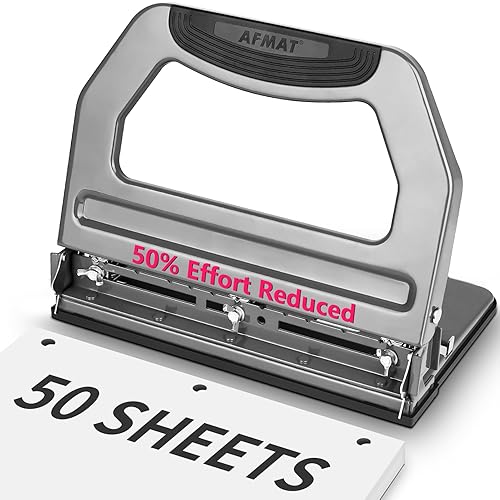 Miniatura 7 de AFMAT Perforadora resistente de 3 agujeros, perforadora de 50 hojas de 2 agujeros, 50% de esfuerzo reducido de 3 agujeros, perforadora de papel de 2