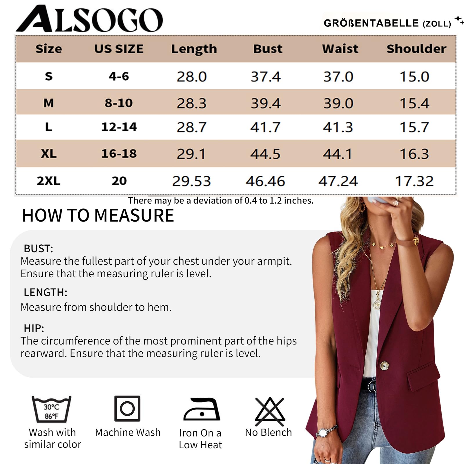 ALSOGO Blazer, gilet da donna senza maniche, sportivo, elegante, tinta unita, blazer, giacca da negozio, da ufficio, con risvolto aperto, per il tempo libero, con tasca